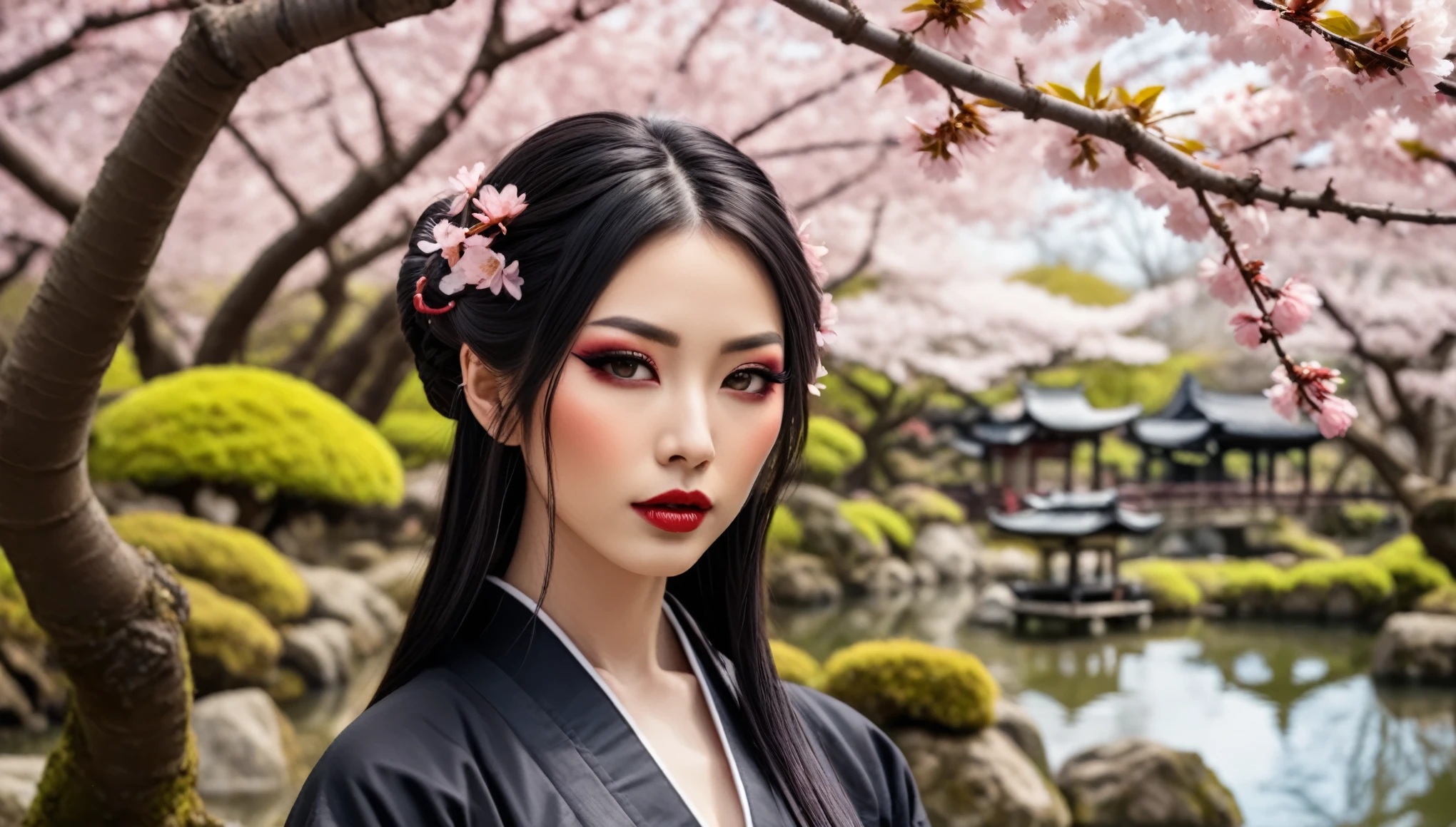 An alluring beautiful woman in a tranquil Japanese garden during cherry blossom season, with dark, gothic elements, blending natural beauty with gothic aesthetics.
