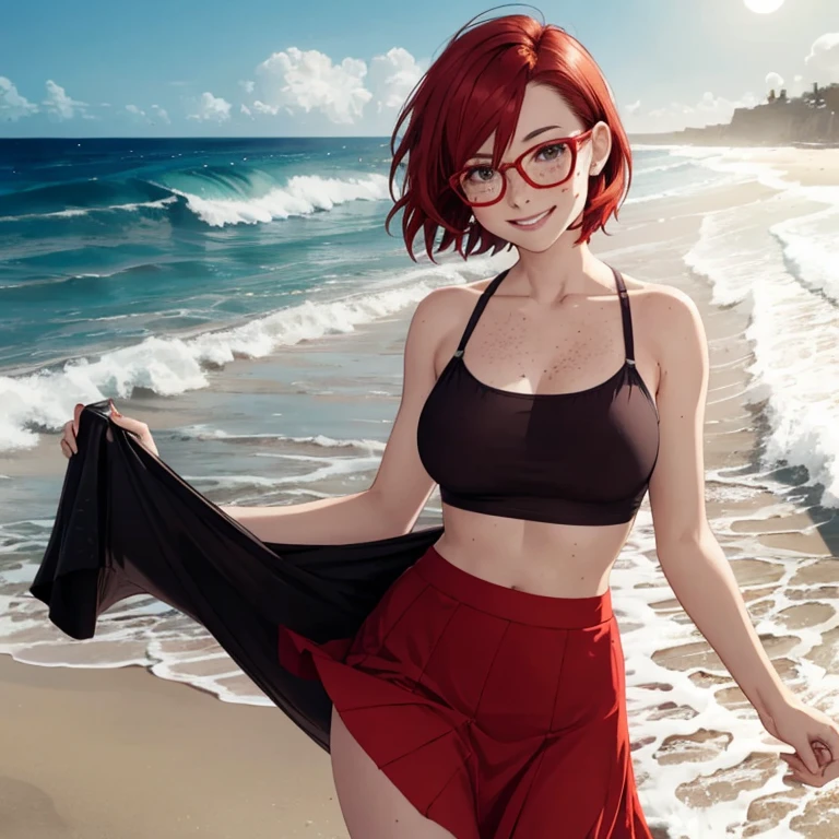 young woman, short red hair, glasses, freckles, smiling, lifting skirt, sheer under chest top, ocean beach, huge waves, moonlight