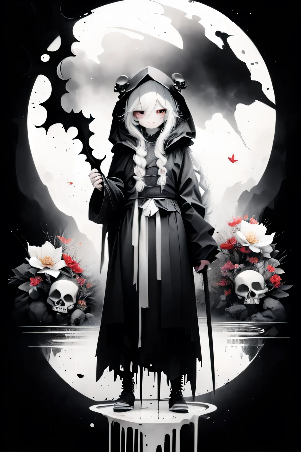 solo,1female\(grim reaper,cute,kawaii,age of 10,hair color white,braid hair,messy hair,eye color dark,big eyes,white skin,big smile,enjoy,full body,wearing Grim Reaper's black Robe,(black hood),holding scythe,skip,flower hair ornament,white hair,(body transparent:0.8),dynamic pose\),background\((black sky:1.5),(skulls:1.3),(withered flowers all over the ground),(red water)\), BREAK ,quality\(8k,wallpaper of extremely detailed CG unit, ​masterpiece,high resolution,top-quality,top-quality real texture skin,hyper realisitic,increase the resolution,RAW photos,best qualtiy,highly detailed,the wallpaper\)