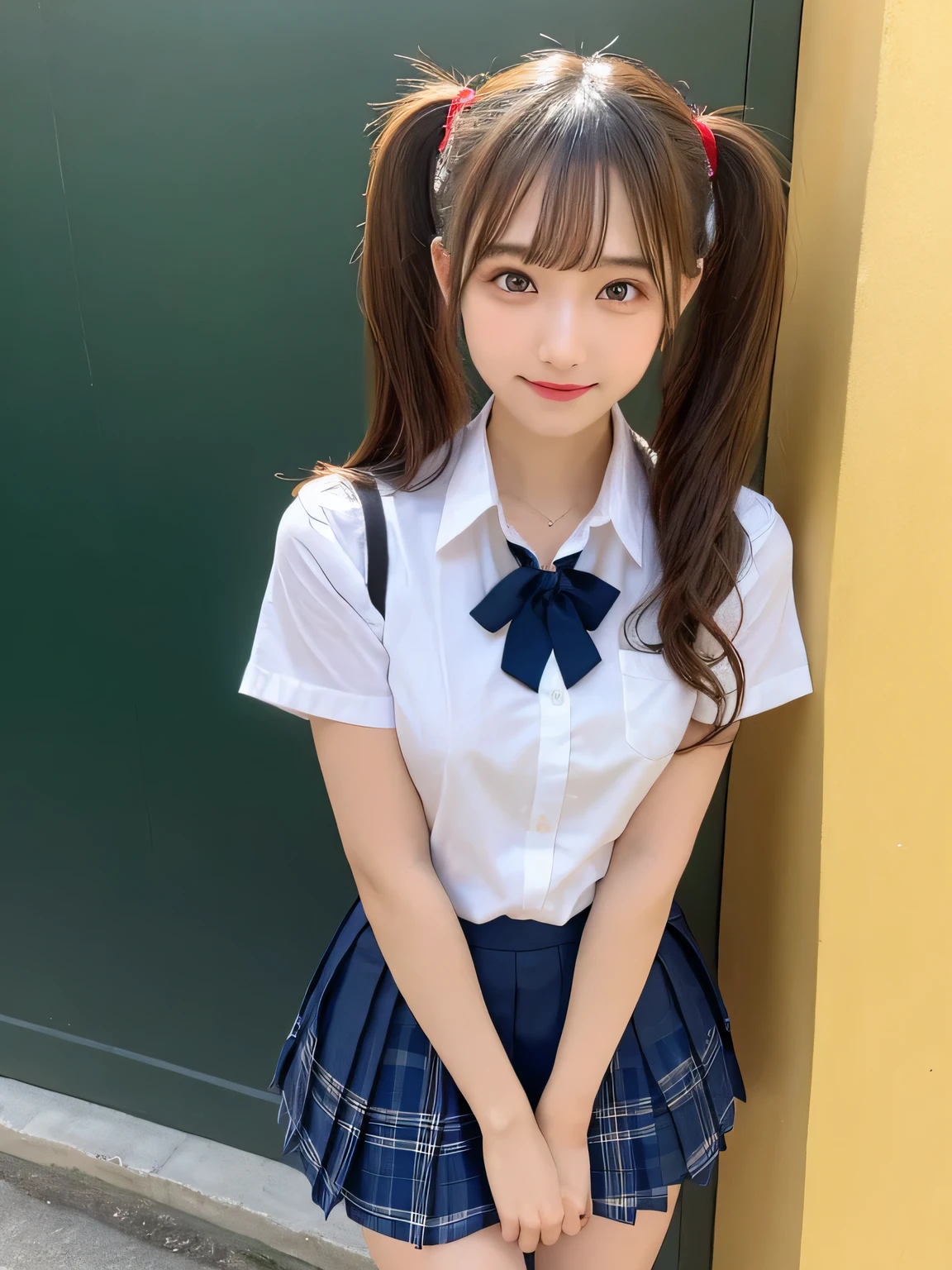 highest quality、Blonde、figure、 Blonde、Cleavage、Ultra-detailed、High resolution、8k wallpaper、Perfect dynamic composition,、Beautiful fine details、Natural color lip、Bold sexy pose、smile、17-year-old girl、cute、Sexy shot looking at the camera、(highest quality: 1.3), (masterpiece: 1.3), (Super Detail: 1.3), (One Girl: 1.1), (Detailed hands and fingers:1.2)、(Ultra-oily, lustrous skin with attention to detail:1.1)、Oily shiny knee socks、(The perfect school girl uniform:1.3)、Short-sleeved shirt with front opening、Cleavage、sexy、(Beautiful shapely small breasts:1.3)、(Red mini skirt:1.2)、I can see your thighs、Brown Hair、Twin tails、Beautiful sister、Yellow wall,sexy、I can see your thighs、