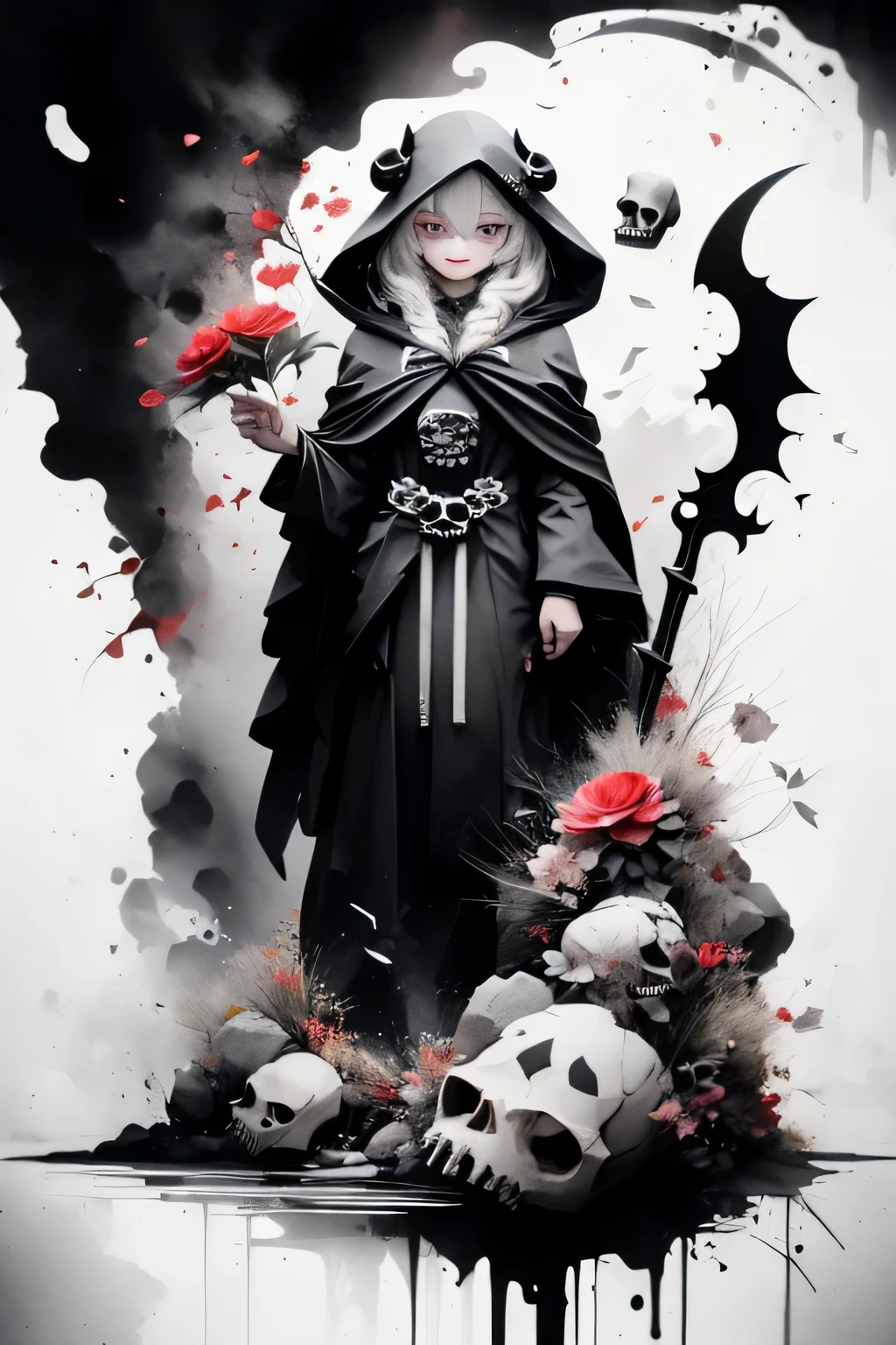 solo,1female\(cute,kawaii,age of 10,hair color white,braid hair,messy hair,eye color dark,big eyes,white skin,big smile,enjoy,full body,wearing Grim Reaper's black Robe,holding scythe and skull,skip,flower hair ornament,white hair\),background\(black sky,withered flowers all over the ground,a thick red water\), BREAK ,quality\(8k,wallpaper of extremely detailed CG unit, ​masterpiece,high resolution,top-quality,top-quality real texture skin,hyper realisitic,increase the resolution,RAW photos,best qualtiy,highly detailed,the wallpaper\)