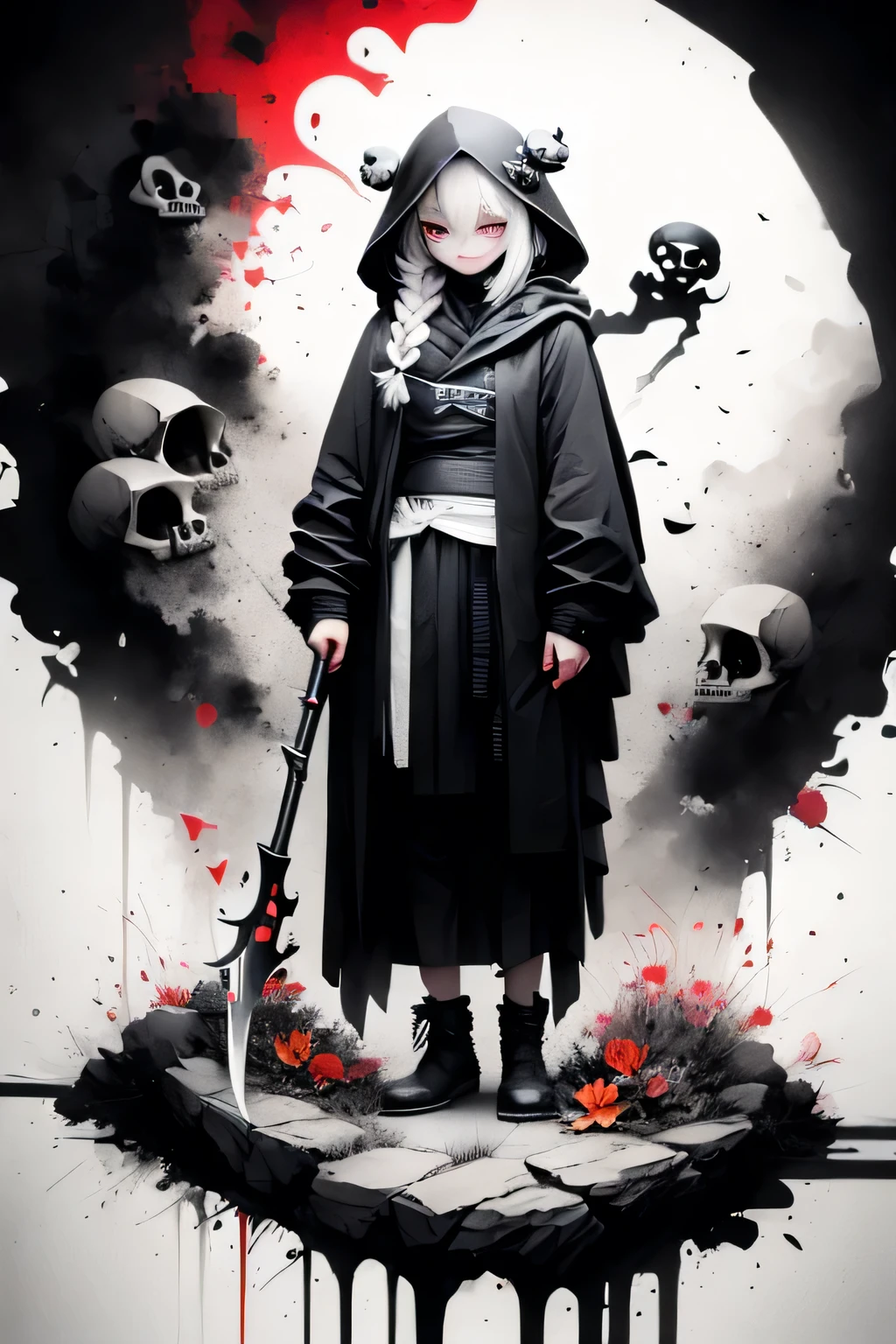 solo,1female\(grim reaper,cute,kawaii,age of 10,hair color white,braid hair,messy hair,eye color dark,big eyes,white skin,big smile,enjoy,full body,wearing Grim Reaper's black Robe,(black hood),holding scythe,skip,flower hair ornament,white hair,(body transparent:0.8),dynamic pose\),background\((black sky:1.5),(skulls:1.3),(withered flowers all over the ground),(red water)\), BREAK ,quality\(8k,wallpaper of extremely detailed CG unit, ​masterpiece,high resolution,top-quality,top-quality real texture skin,hyper realisitic,increase the resolution,RAW photos,best qualtiy,highly detailed,the wallpaper\)