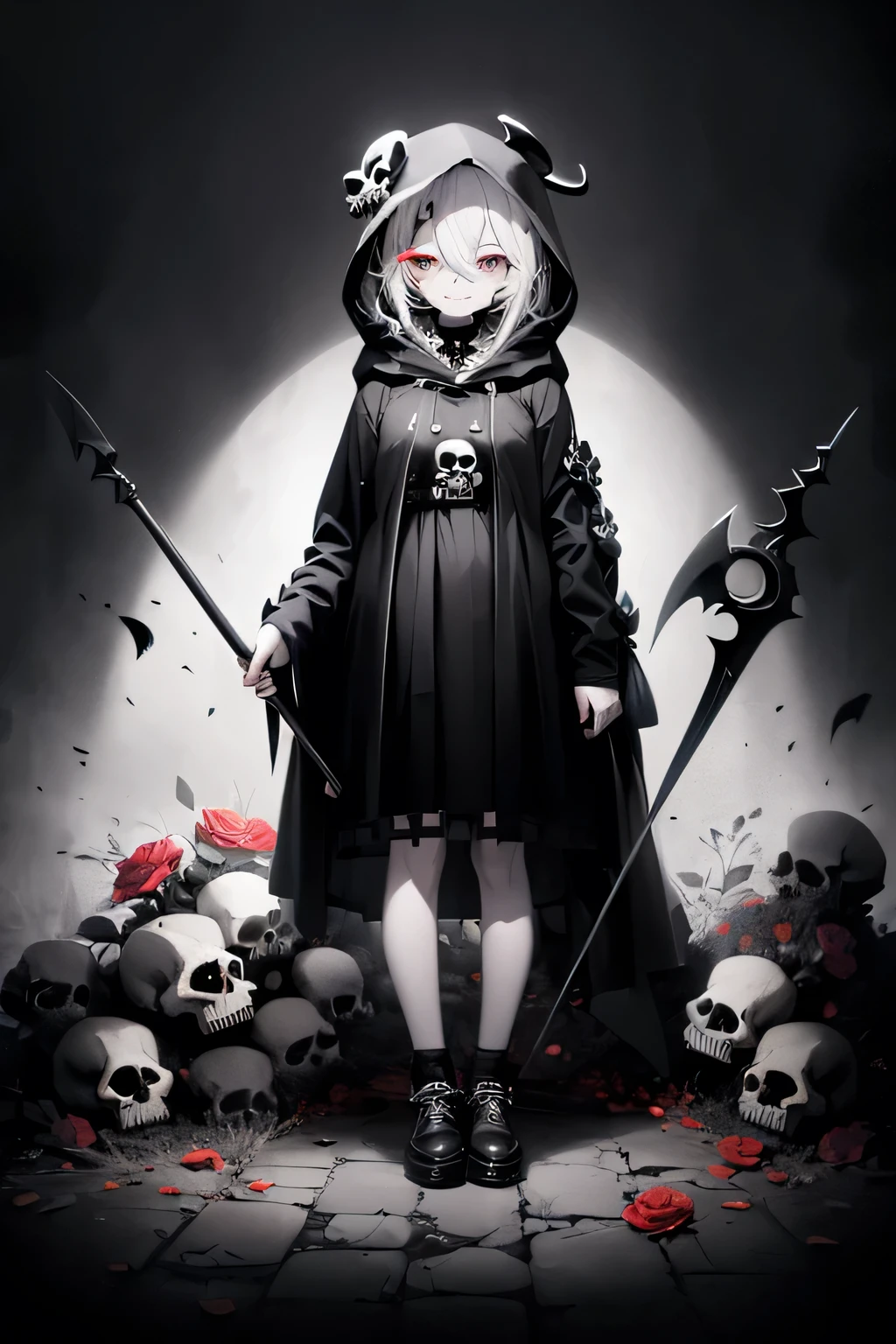 solo,1female\(grim reaper,cute,kawaii,,hair color white,braid hair,messy hair,eye color dark,big eyes,white skin,big smile,enjoy,full body,wearing Grim Reaper's black Robe,(black hood),holding scythe,skip,flower hair ornament,white hair,(body transparent:0.8),dynamic pose\),background\((black sky:1.5),(skulls:1.3),(withered flowers all over the ground),(red water)\), BREAK ,quality\(8k,wallpaper of extremely detailed CG unit, ​masterpiece,high resolution,top-quality,top-quality real texture skin,hyper realisitic,increase the resolution,RAW photos,best qualtiy,highly detailed,the wallpaper\)