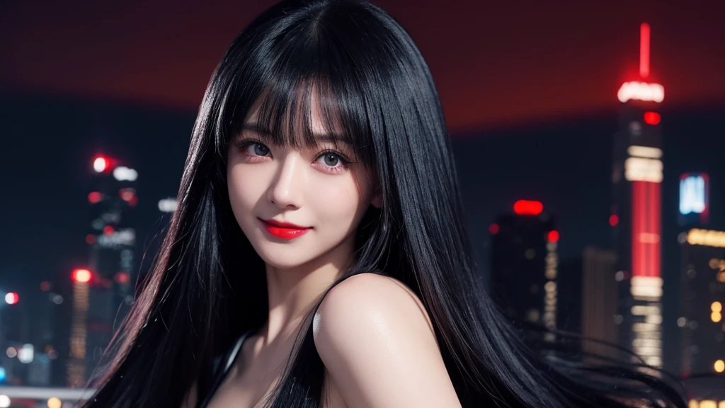 1 girl, medium shot, long hair and black clothes, yamato, perfect anime face, white hair with bangs, female character, cute, (red glossy lips: 1.2), hazel eyes, smile, night city background, (beautiful face:1.3)