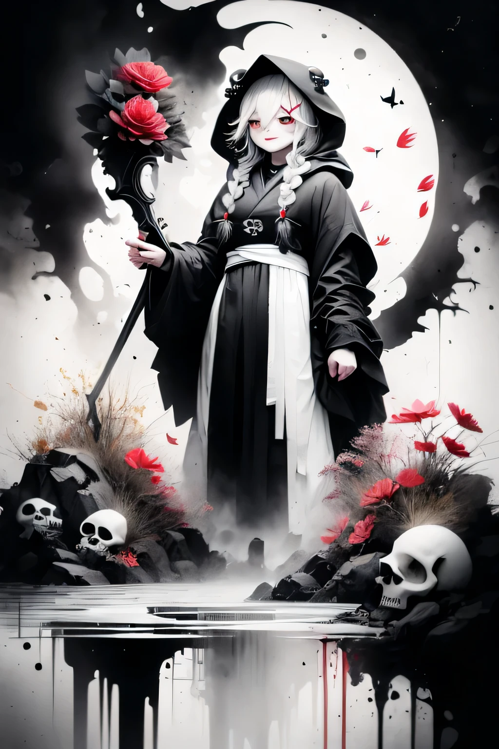 solo,1female\(grim reaper,cute,kawaii,,hair color white,braid hair,messy hair,eye color dark,big eyes,white skin,big smile,enjoy,full body,wearing Grim Reaper's black Robe,(black hood),holding scythe,skip,flower hair ornament,white hair,(body transparent:0.8),dynamic pose\),background\((black sky:1.5),(skulls:1.3),(withered flowers all over the ground),(red water)\), BREAK ,quality\(8k,wallpaper of extremely detailed CG unit, ​masterpiece,high resolution,top-quality,top-quality real texture skin,hyper realisitic,increase the resolution,RAW photos,best qualtiy,highly detailed,the wallpaper\)