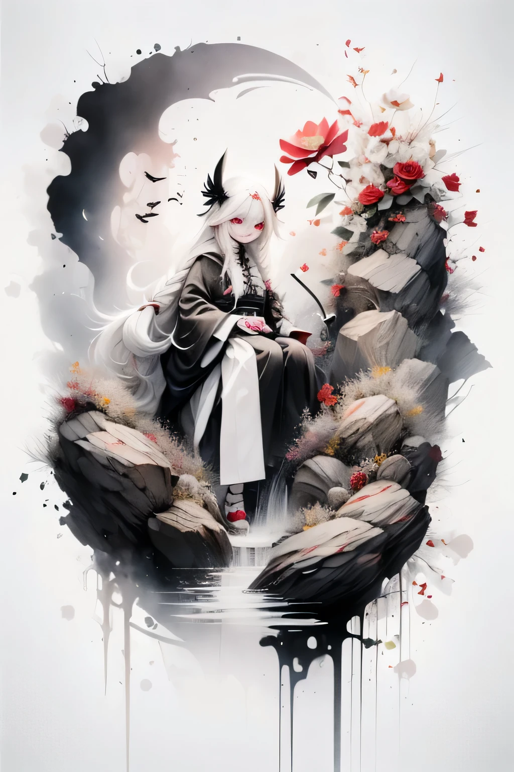 solo,1female\(cute,kawaii,,hair color white,braid hair,messy hair,eye color dark,big eyes,white skin,big smile,enjoy,full body,wearing Grim Reaper's black Robe,holding scythe and skull,skip,flower hair ornament,white hair\),background\(black sky,withered flowers all over the ground,a thick red water\), BREAK ,quality\(8k,wallpaper of extremely detailed CG unit, ​masterpiece,high resolution,top-quality,top-quality real texture skin,hyper realisitic,increase the resolution,RAW photos,best qualtiy,highly detailed,the wallpaper\)