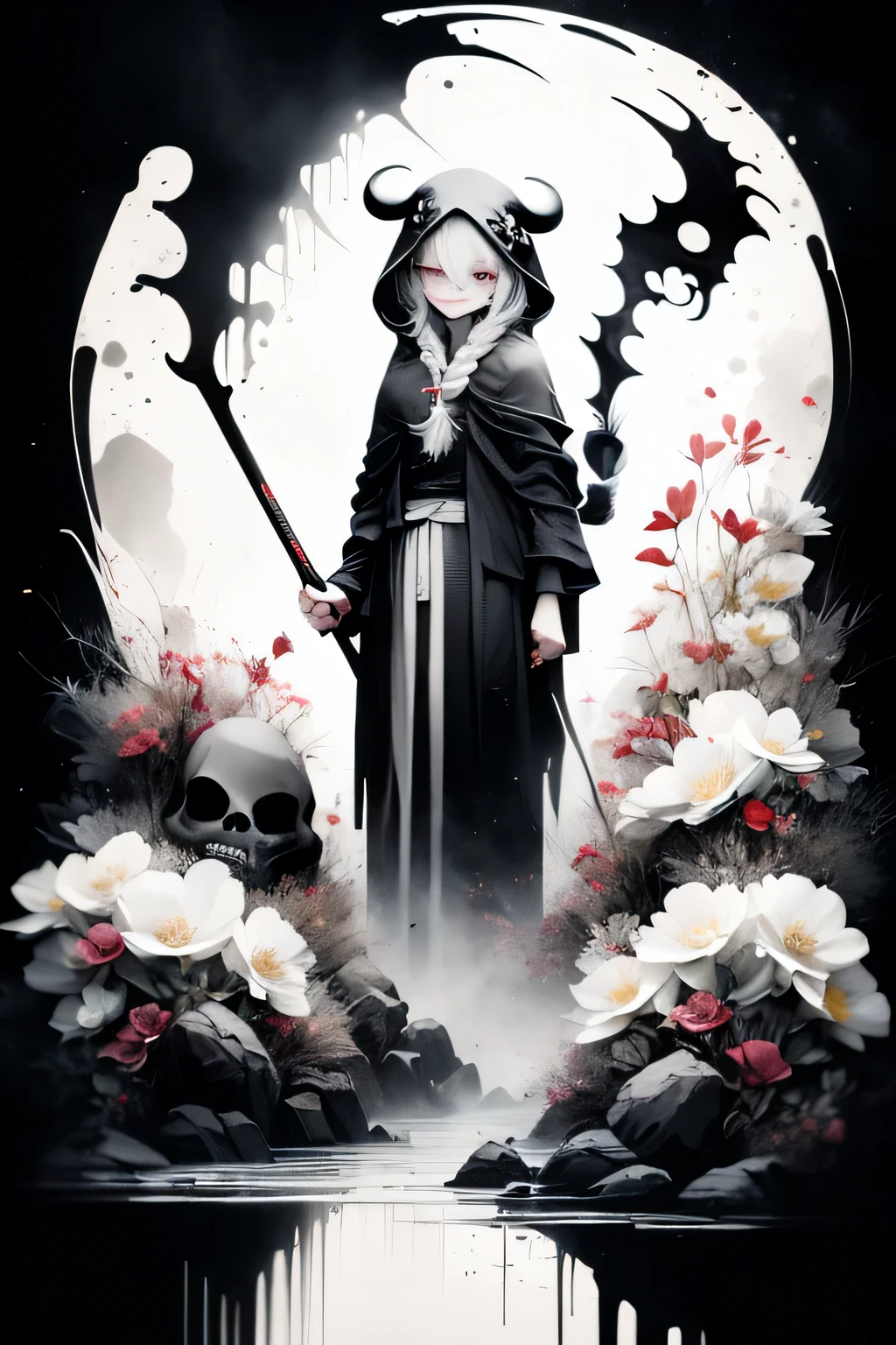 solo,1female\(grim reaper,cute,kawaii,,hair color white,braid hair,messy hair,eye color dark,big eyes,white skin,big smile,enjoy,full body,wearing Grim Reaper's black Robe,(black hood),holding scythe,skip,flower hair ornament,white hair,(body transparent:0.8),dynamic pose\),background\((black sky:1.5),(skulls:1.3),(withered flowers all over the ground),(red water)\), BREAK ,quality\(8k,wallpaper of extremely detailed CG unit, ​masterpiece,high resolution,top-quality,top-quality real texture skin,hyper realisitic,increase the resolution,RAW photos,best qualtiy,highly detailed,the wallpaper\)