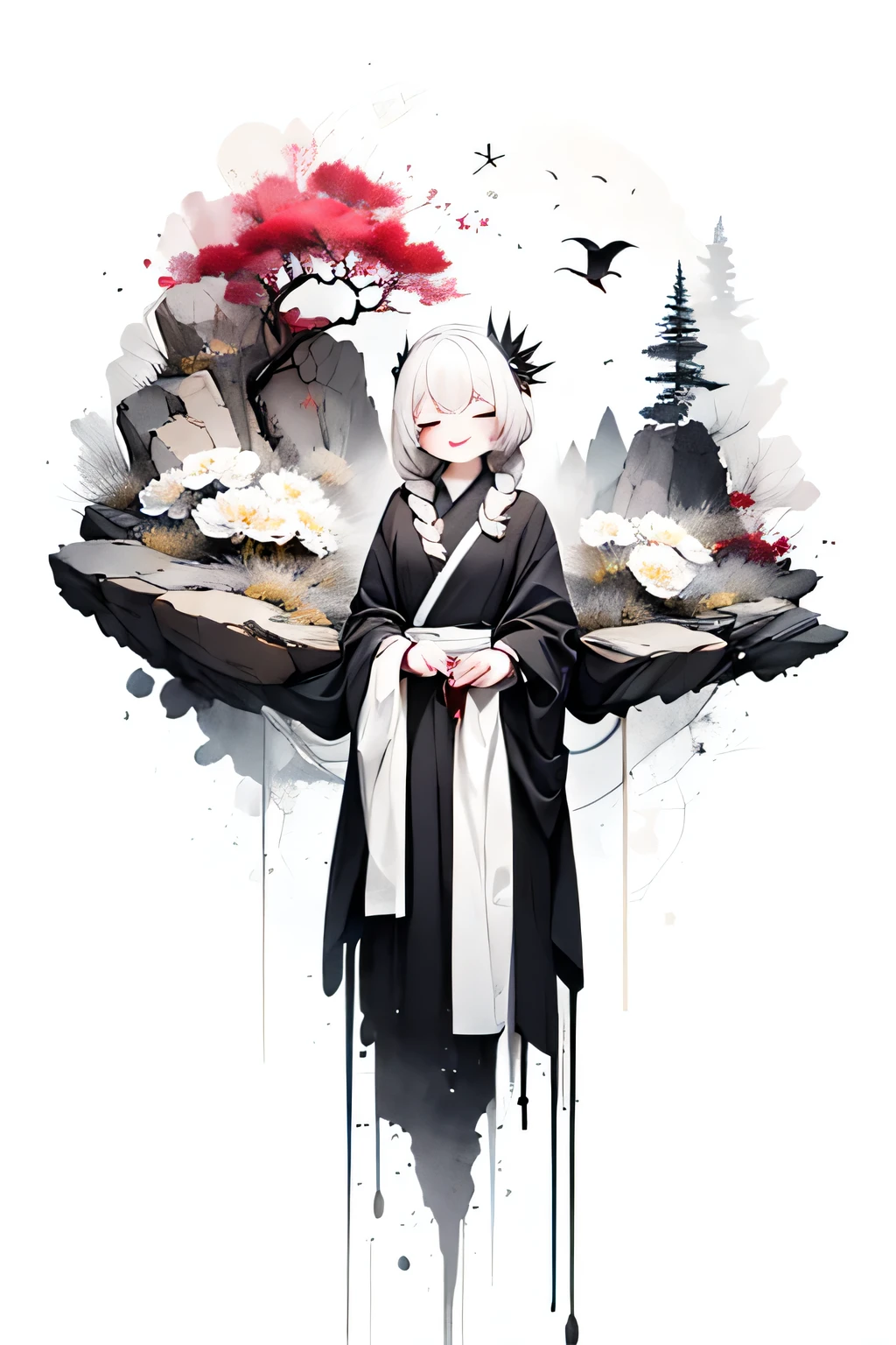 solo,1female\(cute,kawaii,,hair color white,braid hair,messy hair,eye color dark,eyes closed smile,white skin,big smile,enjoy,full body,wearing Grim Reaper's black Robe,holding scythe and skull,skip,flower hair ornament,white hair\),background\(black sky,withered flowers all over the ground,a thick red water\), BREAK ,quality\(8k,wallpaper of extremely detailed CG unit, ​masterpiece,high resolution,top-quality,top-quality real texture skin,hyper realisitic,increase the resolution,RAW photos,best qualtiy,highly detailed,the wallpaper\)