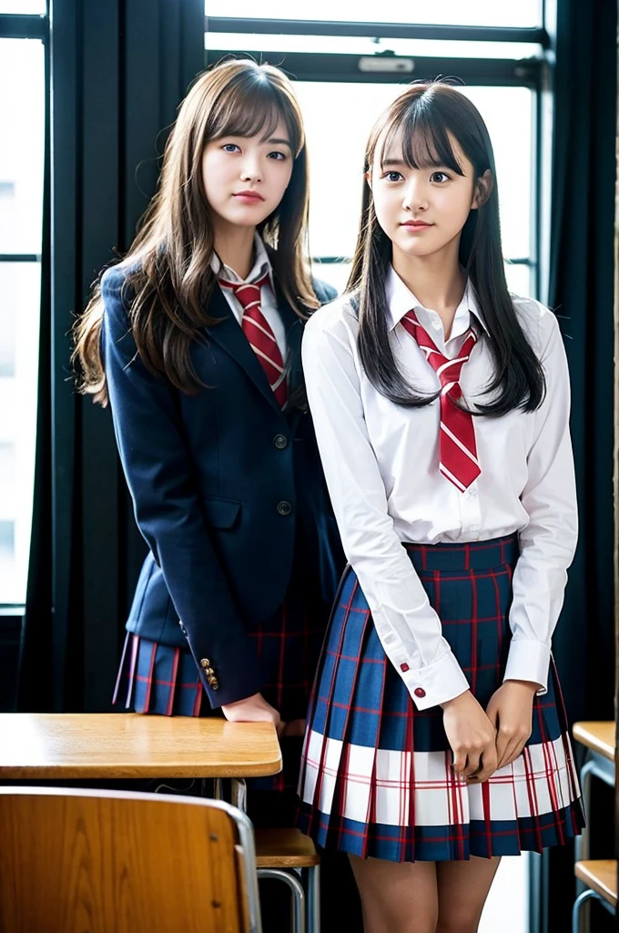 standing in a school classroom,Red Tie Uniform,Dark Blue Closed Blazer,Blue plaid skirt,18-year-old,bangs,A small smile,Thighs,knees,From below,Random Pause,pretty girl,