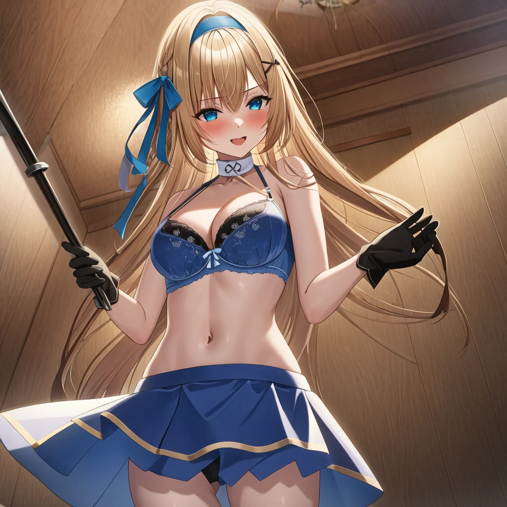 (masterpiece, best quality:1.2), 1girl, solo, blond hair, blue hairband, blue hair ribbon on the left, white-blue bra, black gloves, knight skirt, Solid color background