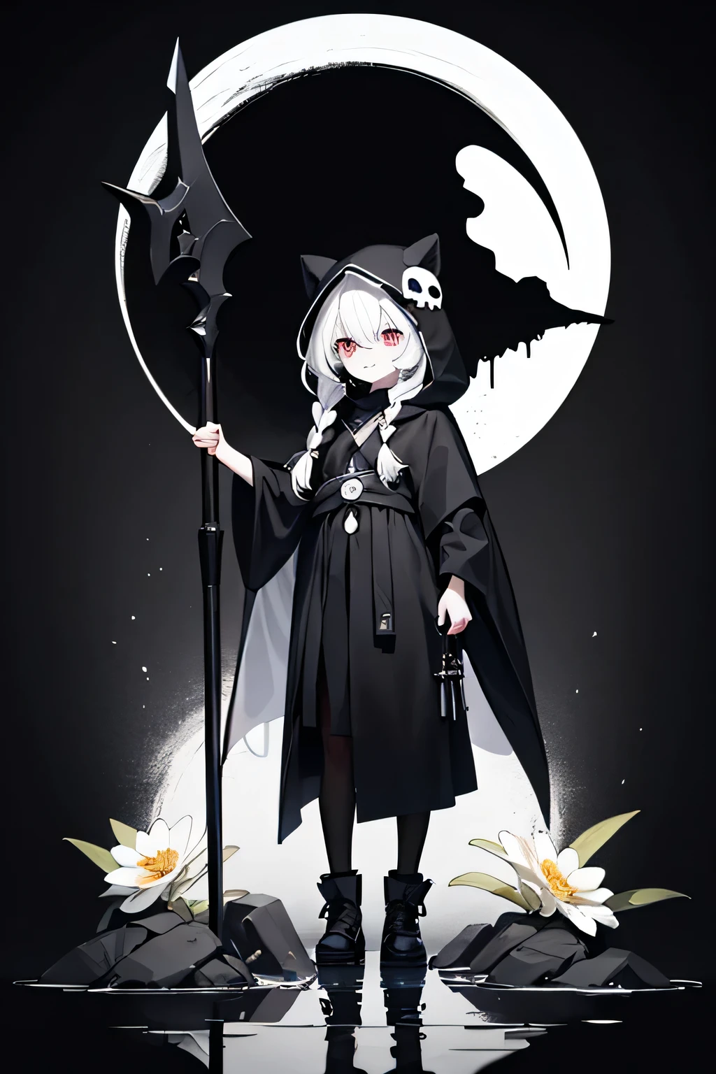 solo,1female\(grim reaper,cute,kawaii,age of 10,hair color white,braid hair,messy hair,eye color dark,big eyes,white skin,big smile,enjoy,full body,wearing Grim Reaper's black Robe,(black hood),holding scythe,skip,flower hair ornament,white hair,(body transparent:0.8),dynamic pose\),background\((black sky:1.5),(skulls:1.3),(withered flowers all over the ground),(red water)\), BREAK ,quality\(8k,wallpaper of extremely detailed CG unit, ​masterpiece,high resolution,top-quality,top-quality real texture skin,hyper realisitic,increase the resolution,RAW photos,best qualtiy,highly detailed,the wallpaper\)