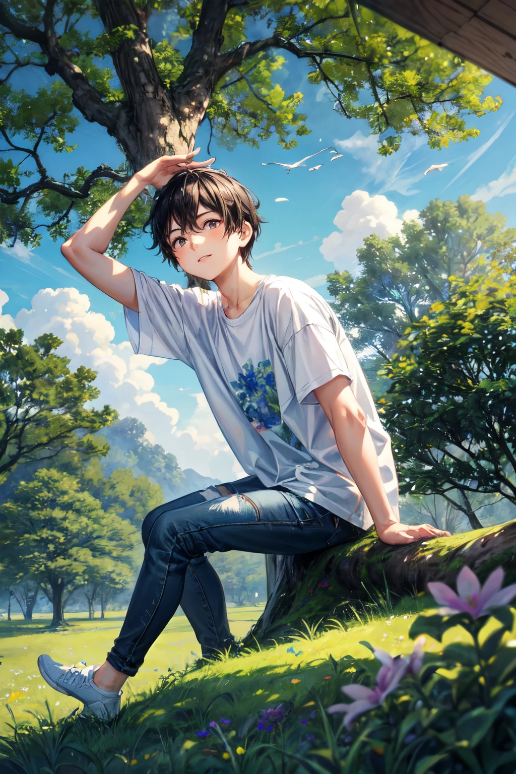 ((best quality)), ((masterpiece)), (detailed), Generate a serene, picturesque scene featuring a cute boy leaning casually against a tree. The boy has a friendly and gentle expression, with short, neatly styled hair and wearing casual, comfortable clothing such as a t-shirt and jeans and shoe. He is in the middle of a lush, green natural landscape, with vibrant grass and scattered wildflowers around him. The tree he is leaning against has a sturdy trunk and a full canopy of green leaves. The sky above is a clear, bright blue with a few fluffy white clouds drifting by. The overall atmosphere is peaceful and cheerful, capturing the beauty and tranquility of nature on a sunny day.