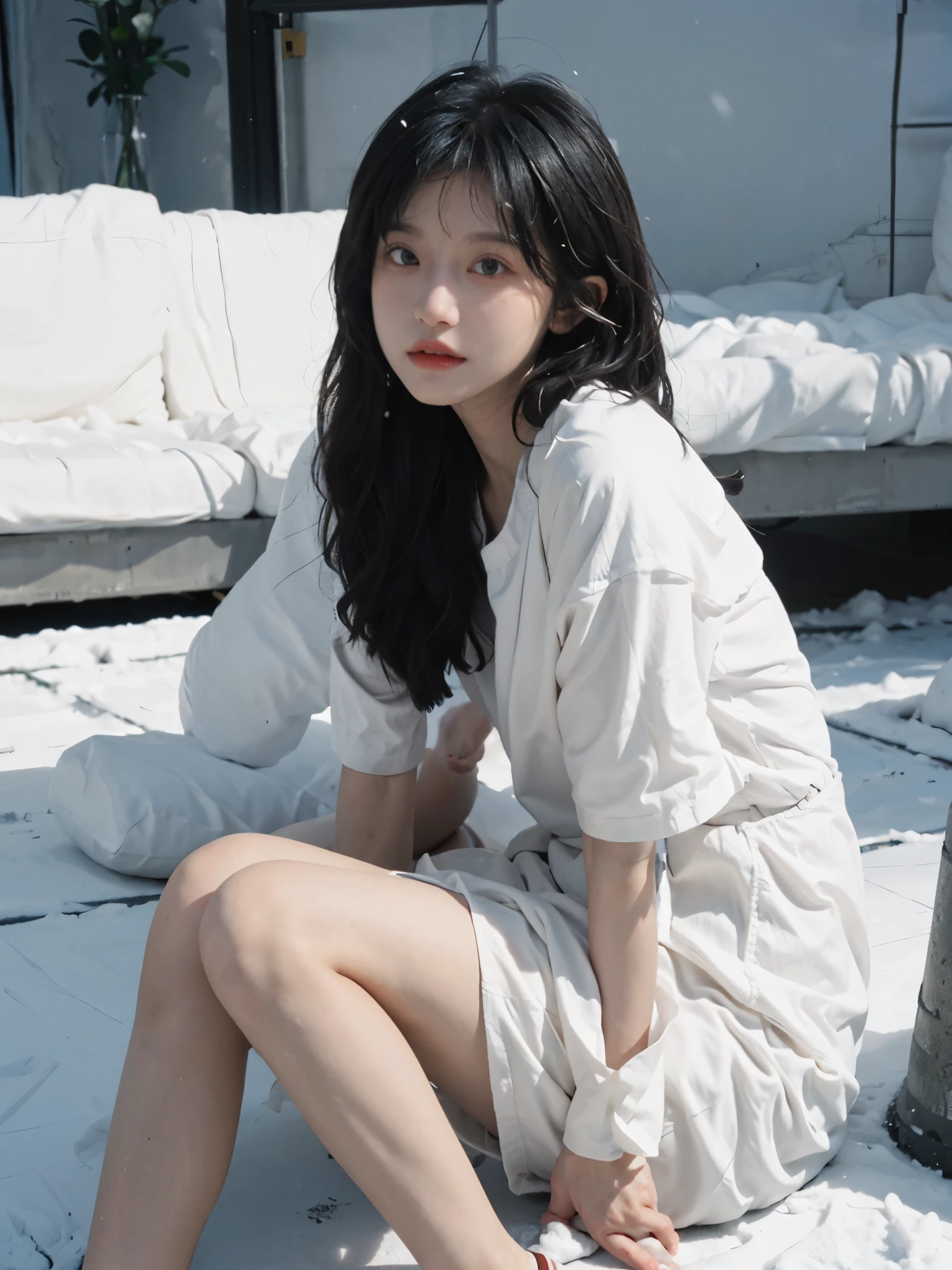 best quality, Ultra-high resolution,16K, Snow White Background,Red short sleeve,(Realistically:1.4),Royal sister, Cold girl,JK, A pair of eyes as clear as snow,Imperial sister,Black long straight, Looking at the audience,