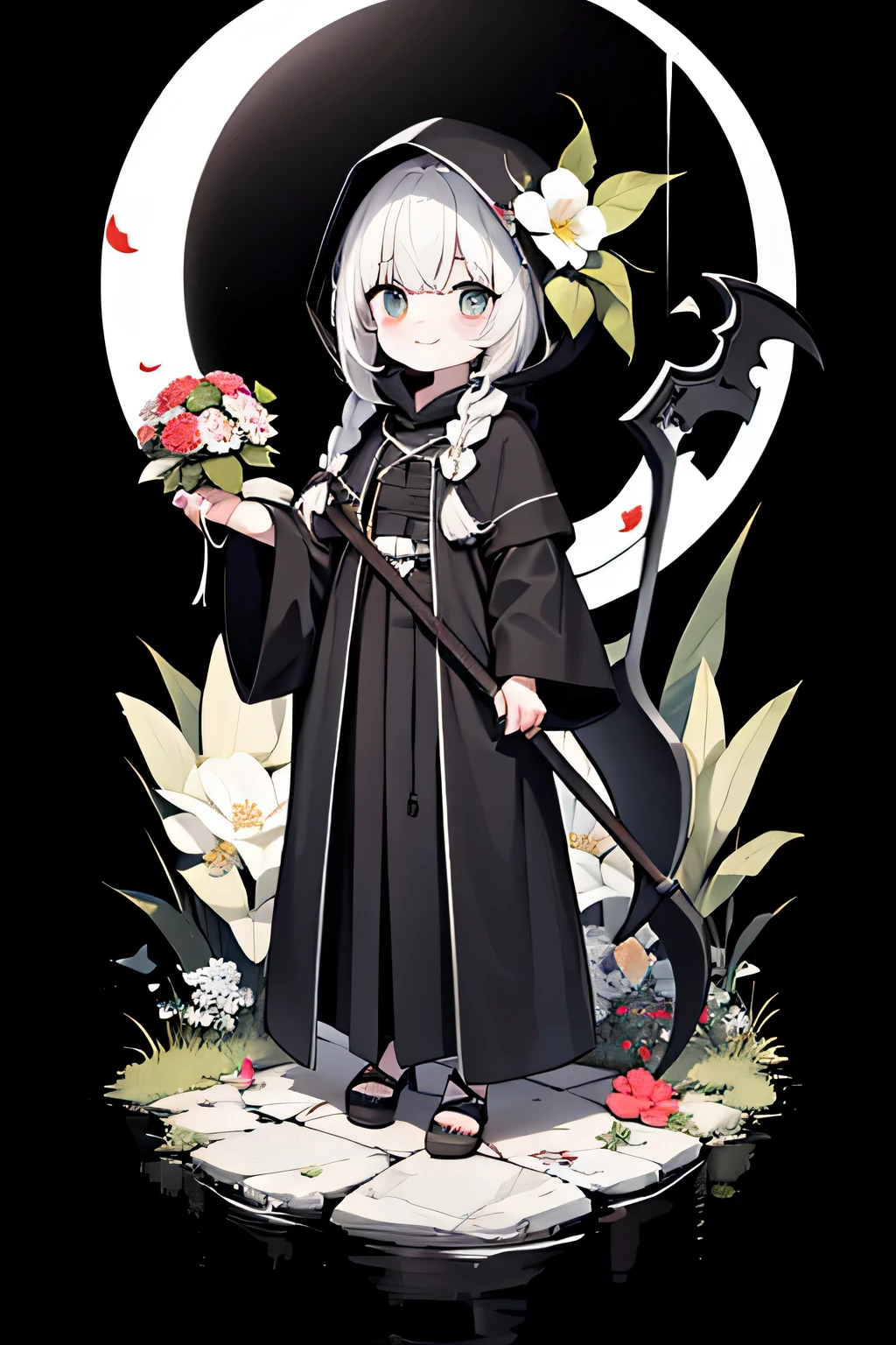 solo,1female\(grim reaper,cute,kawaii,,hair color white,braid hair,messy hair,eye color dark,big eyes,white skin,big smile,enjoy,full body,wearing Grim Reaper's black Robe,(black hood),holding scythe,skip,flower hair ornament,white hair,(body transparent:0.8)\),background\((black sky:1.5),(skulls at ground),(withered flowers all over the ground),(red water)\), BREAK ,quality\(8k,wallpaper of extremely detailed CG unit, ​masterpiece,high resolution,top-quality,top-quality real texture skin,hyper realisitic,increase the resolution,RAW photos,best qualtiy,highly detailed,the wallpaper\),dynamic angle