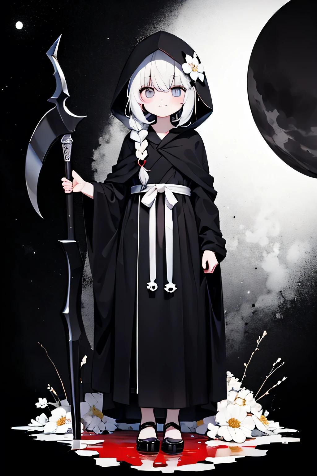 solo,1female\(grim reaper,cute,kawaii,age of 10,hair color white,braid hair,messy hair,eye color dark,big eyes,white skin,big smile,enjoy,full body,wearing Grim Reaper's black Robe,(black hood),holding scythe,skip,flower hair ornament,white hair,(body transparent:0.8)\),background\((black sky:1.5),(skulls at ground),(withered flowers all over the ground),(red water)\), BREAK ,quality\(8k,wallpaper of extremely detailed CG unit, ​masterpiece,high resolution,top-quality,top-quality real texture skin,hyper realisitic,increase the resolution,RAW photos,best qualtiy,highly detailed,the wallpaper\)