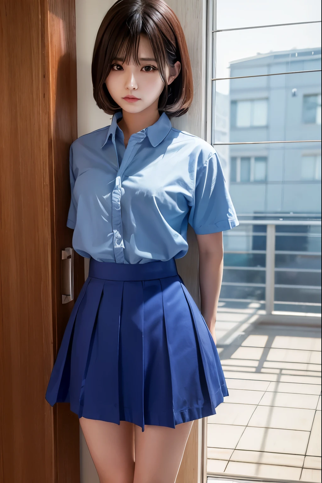 A woman is imprisoned and tied up、Japanese、Beauty、Inside the room、Are standing、Blue Skirt、Red short sleeve shirt、Whole body、