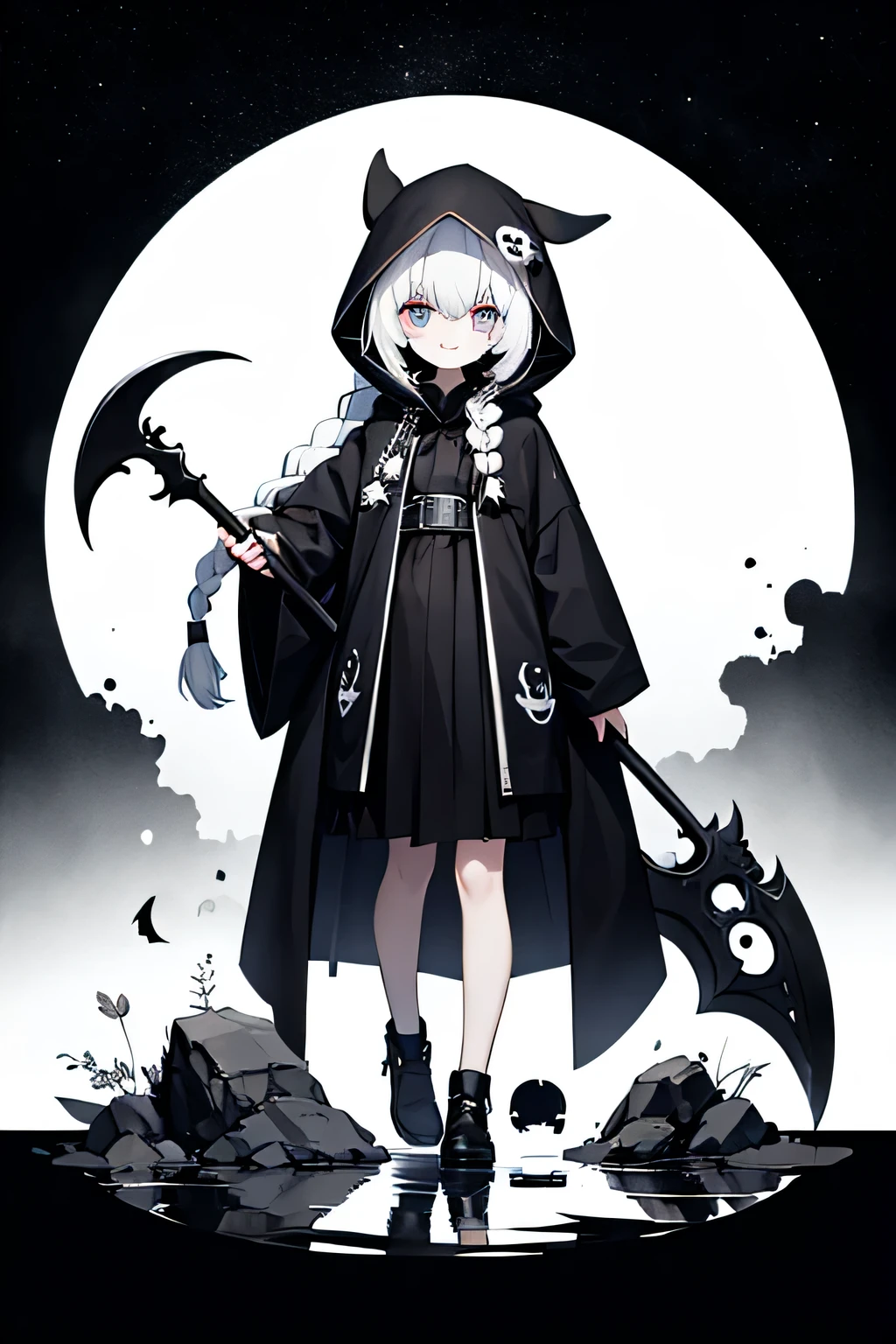 solo,1female\(grim reaper,cute,kawaii,,hair color white,braid hair,messy hair,eye color dark,big eyes,white skin,big smile,enjoy,full body,wearing Grim Reaper's black Robe,(black hood),holding scythe,skip,flower hair ornament,white hair,(body transparent:0.8)\),background\((black sky:1.5),skulls at ground,withered flowers all over the ground,red water\), BREAK ,quality\(8k,wallpaper of extremely detailed CG unit, ​masterpiece,high resolution,top-quality,top-quality real texture skin,hyper realisitic,increase the resolution,RAW photos,best qualtiy,highly detailed,the wallpaper\)