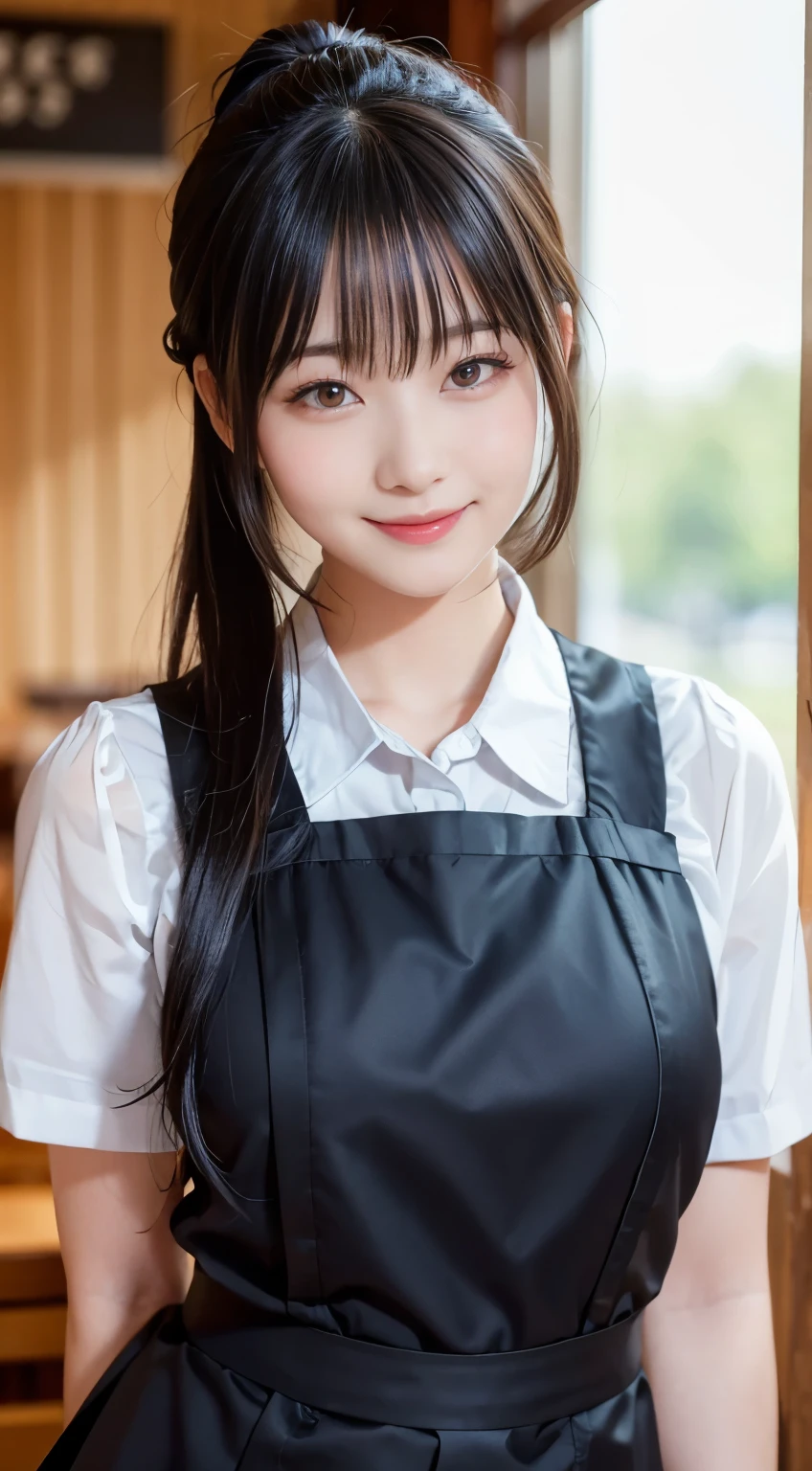 (highest quality,masterpiece:1.3,Ultra-high resolution,),(Very detailed,Caustics),(Photorealistic:1.4,RAW shooting,)Ultra-Realistic Capture,Very detailed,High resolution 16K human skin closeup。 Natural skin texture、,Pores、、、、It must be detailed enough to be easily identifiable。 Skin tone is even and healthy looking。 Use natural light and color,restaurant,Waitress Uniform,1 girl,Japanese,18-year-old,cute,Black-haired,ponytail,Big Breasts,smile,Turn your body forward,(Front view:1.1),Looking at the camera,Cowboy Shot,