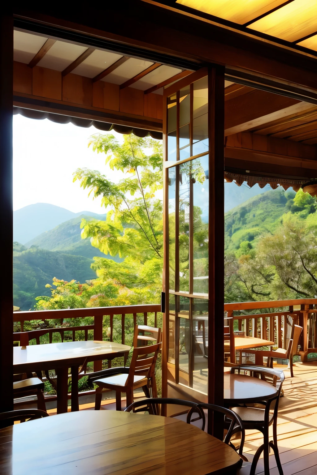 ((masterpiece)), ((highest quality)), (High resolution:1.5), (Ultra-detailed:1.5),(extremely detailed CG unified 8k wallpaper), Quiet morning,(Unkai Terrace),debt/4.0,135mm,Shot with Canon EOS R 6,(Open terrace at the top odebt the mountain):1.5, Detailed Landscape — Width 672, Cinematic morning light, Realistic morning lighting, cozy cafe background, Photorealistic, Panoramic Photos,Very beautiful reflection,Best reflection,beautiful background for restaurant, comfortable, Japanese, Big window background, butterfly,(Beautiful leaves),(The light shines),(Particle Effects)