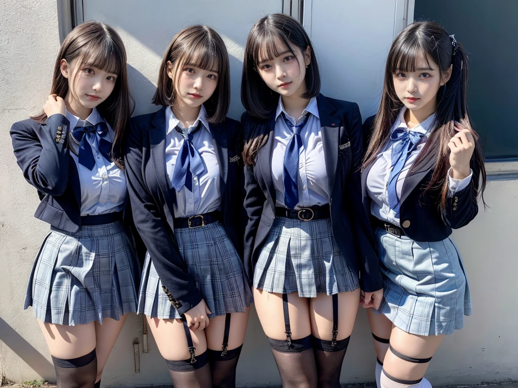 muster piece, best quality, illustration, Super detailed, fine details, High resolution, 8K,wall paper, perfect dynamic composition,(Details High quality, realistic depiction of eyes:1.3), (4 girls), High School Classroom、High school girl uniform、blazer 、Super Short Check Uniform Skirt、Navy blue high socks、garterbelts、Colossal tits、Disturbed uniform, short bob hair, black hair color, huge breasts, Big Natural Color Lip, bold sexy pose, (perfect body shape), crying a little、cold gaze, 20 year old girl、 beautiful legs, hposing Gravure Idol, Voluptuous thighs