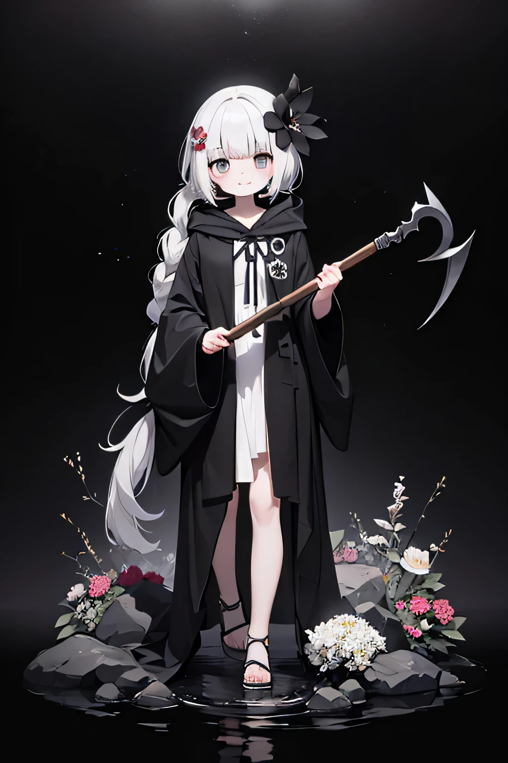 solo,1female\(cute,kawaii,,hair color white,braid hair,messy hair,eye color dark,big eyes,white skin,big smile,enjoy,full body,wearing Grim Reaper's black Robe,black hood,holding scythe,skip,flower hair ornament,white hair,(body transparent:0.5)\),background\((black sky:1.5),skulls at ground,withered flowers all over the ground,a thick red water\), BREAK ,quality\(8k,wallpaper of extremely detailed CG unit, ​masterpiece,high resolution,top-quality,top-quality real texture skin,hyper realisitic,increase the resolution,RAW photos,best qualtiy,highly detailed,the wallpaper\)