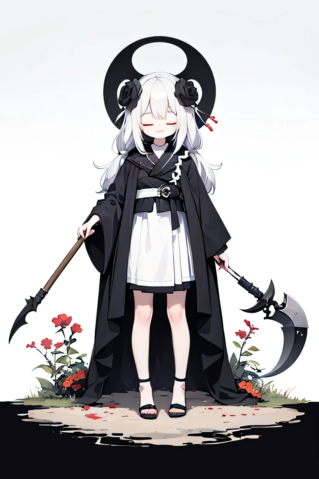 solo,1female\(cute,kawaii,age of 10,hair color white,braid hair,messy hair,eye color dark,big eyes,white skin,big smile,enjoy,full body,wearing Grim Reaper's black Robe,holding scythe and skull,skip,flower hair ornament,white hair\),background\(black sky,withered flowers all over the ground,a thick red water\), BREAK ,quality\(8k,wallpaper of extremely detailed CG unit, ​masterpiece,high resolution,top-quality,top-quality real texture skin,hyper realisitic,increase the resolution,RAW photos,best qualtiy,highly detailed,the wallpaper\)