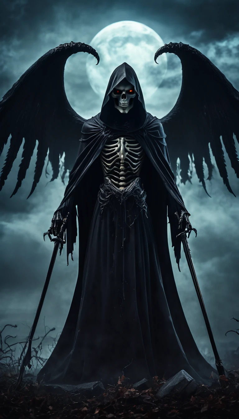 (best quality,4k,8k,highres,masterpiece:1.2),ultra-detailed,realistic:1.37,Black Grim Reaper,dark and eerie setting,dramatic lighting,detailed skeletal features,flowing cloak,mysterious fog,ominous atmosphere,scythe,gloomy cemetery,moonlit sky,hauntingly beautiful,ethereal presence,spooky ambiance,vivid colors,colossal wings,ghastly figure,sharp contrast,horrifying gaze,deathly aura,sinister presence,foreboding shadows,devilish horns,spectral essence,grim expression,majestic silhouette,death personified
