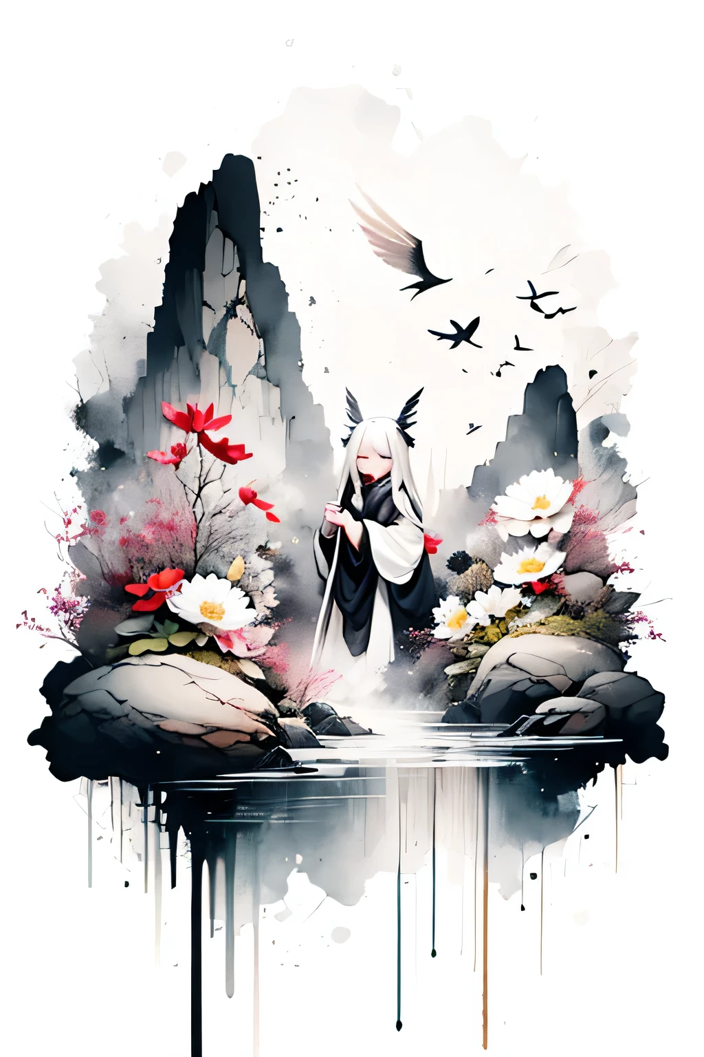 solo,1female\(cute,kawaii,,hair color white,braid hair,messy hair,eye color dark,eyes closed smile,white skin,big smile,enjoy,full body,wearing Grim Reaper's black Robe,holding scythe and skull,skip,flower hair ornament,white hair\),background\(black sky,withered flowers all over the ground,a thick red water\), BREAK ,quality\(8k,wallpaper of extremely detailed CG unit, ​masterpiece,high resolution,top-quality,top-quality real texture skin,hyper realisitic,increase the resolution,RAW photos,best qualtiy,highly detailed,the wallpaper\)