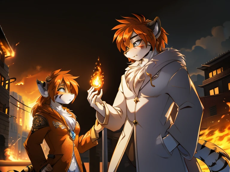 tiger, anthro, female, fur coat, (best quality), (detailed fire urban background:1.2), dramatic lighting, (detailed fluffy fur:1.1), (fantasy:1.2)