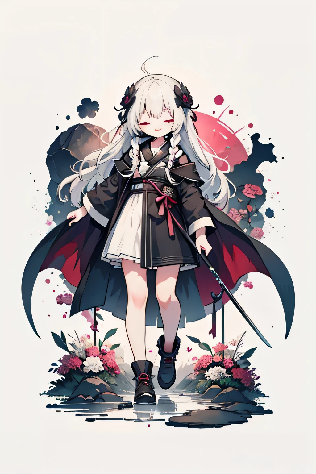 solo,1female\(cute,kawaii,age of 10,hair color white,braid hair,messy hair,eye color dark,eyes closed smile,white skin,big smile,enjoy,full body,wearing Grim Reaper's black Robe,holding scythe and skull,skip,flower hair ornament,white hair\),background\(black sky,withered flowers all over the ground,a thick red water\), BREAK ,quality\(8k,wallpaper of extremely detailed CG unit, ​masterpiece,high resolution,top-quality,top-quality real texture skin,hyper realisitic,increase the resolution,RAW photos,best qualtiy,highly detailed,the wallpaper\)