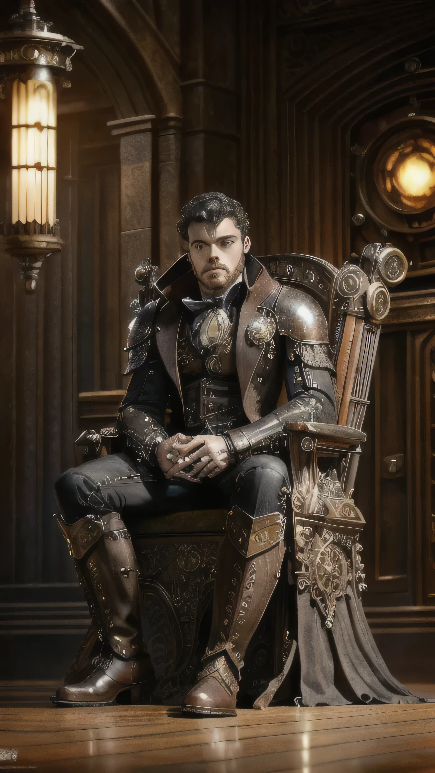 steampunkai, (Richard Madden) as Robb Stark, gray steampunk armor, steampunk boots, standing, in the steampunk throne hall, (1man), (solo), (full body view), beautiful detailed glow, detailed, cinematic light, intricate detail, realistic, highres, detailed facial features, high detail, sharp focus, smooth, aesthetic, extremely detailed, stamp, octane render