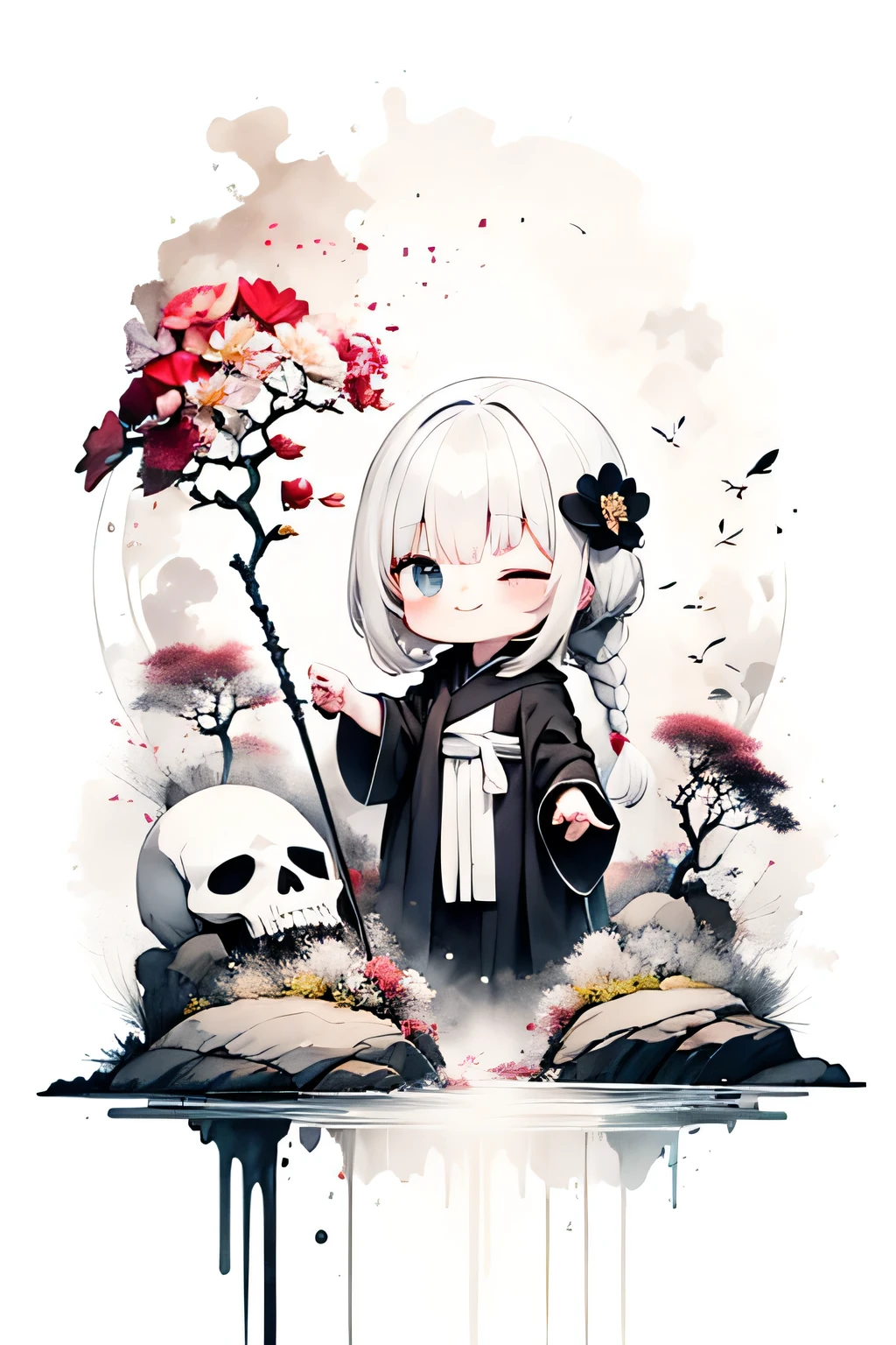 solo,1female\(chibi,cute,kawaii,age of 10,hair color white,braid hair,messy hair,eye color dark,eyes closed smile,white skin,big smile,enjoy,full body,wearing Grim Reaper's black Robe,holding scythe and skull,skip,flower hair ornament,white hair\),background\(black sky,withered flowers all over the ground,a thick red water\), BREAK ,quality\(8k,wallpaper of extremely detailed CG unit, ​masterpiece,high resolution,top-quality,top-quality real texture skin,hyper realisitic,increase the resolution,RAW photos,best qualtiy,highly detailed,the wallpaper\)