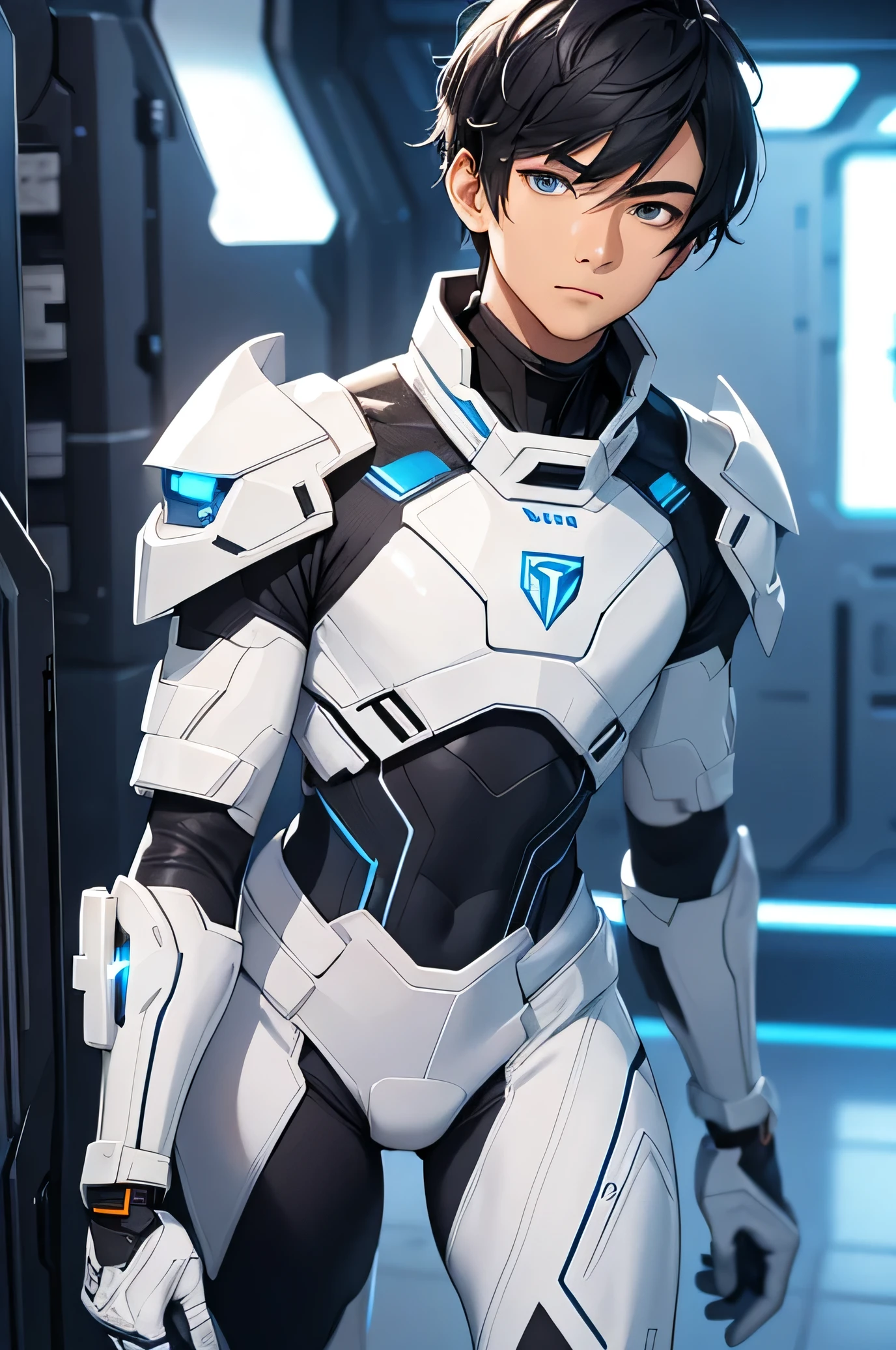 Handsome 18 year old　Very short, cropped black hair　　cyborg　White and blue armor　White rubber suit　Bulge　future　universe　Science fiction　The background is the galaxy universe　looking at the camera　From the feet to the whole body