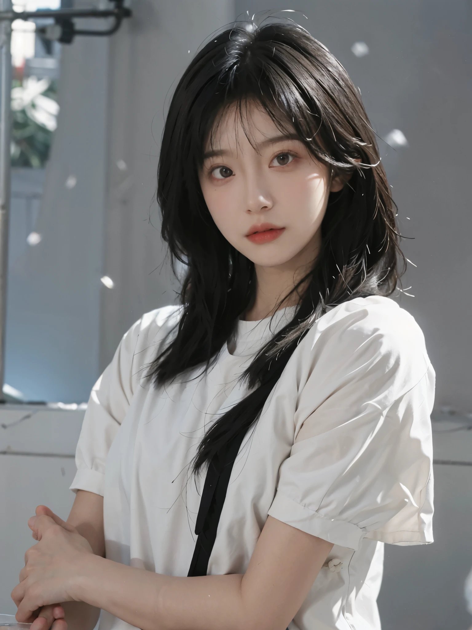 best quality, Ultra-high resolution,16K, Snow White Background,Red short sleeve,(Realistically:1.4),Royal sister, Cold girl,JK, A pair of eyes as clear as snow,Imperial sister,Black long straight, Looking at the audience,