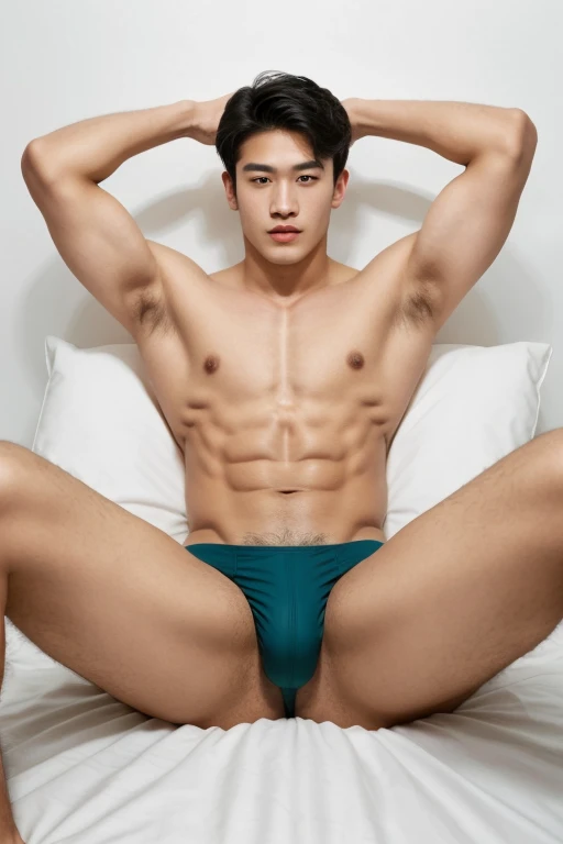 full body shot of an Asian  young man with very nice chiseled jaw and chest, big biceps, perfect face model, with symmetrical facial features, attractive facial features, perfect face, flawless face, perfect facial features, clean perfect symmetrical face, richly defined face, clean beautiful symmetrical face, attractive symmetrical face, perfect face and eyes, shirtless, lying on the bed, lifted arms, spread legs, sexy bikini underwear,