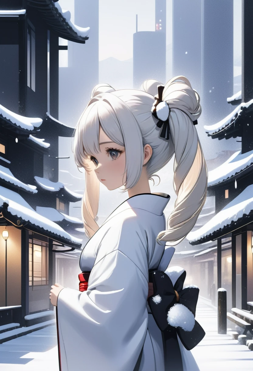 High quality, high definition, hig
h precision images,8k 1 Girl 、white twin tails hair, wearing a Future white kimono,Inside the future city A snowy landscape, lots of snow falling, looking at the snow on his hands with sadness.side view