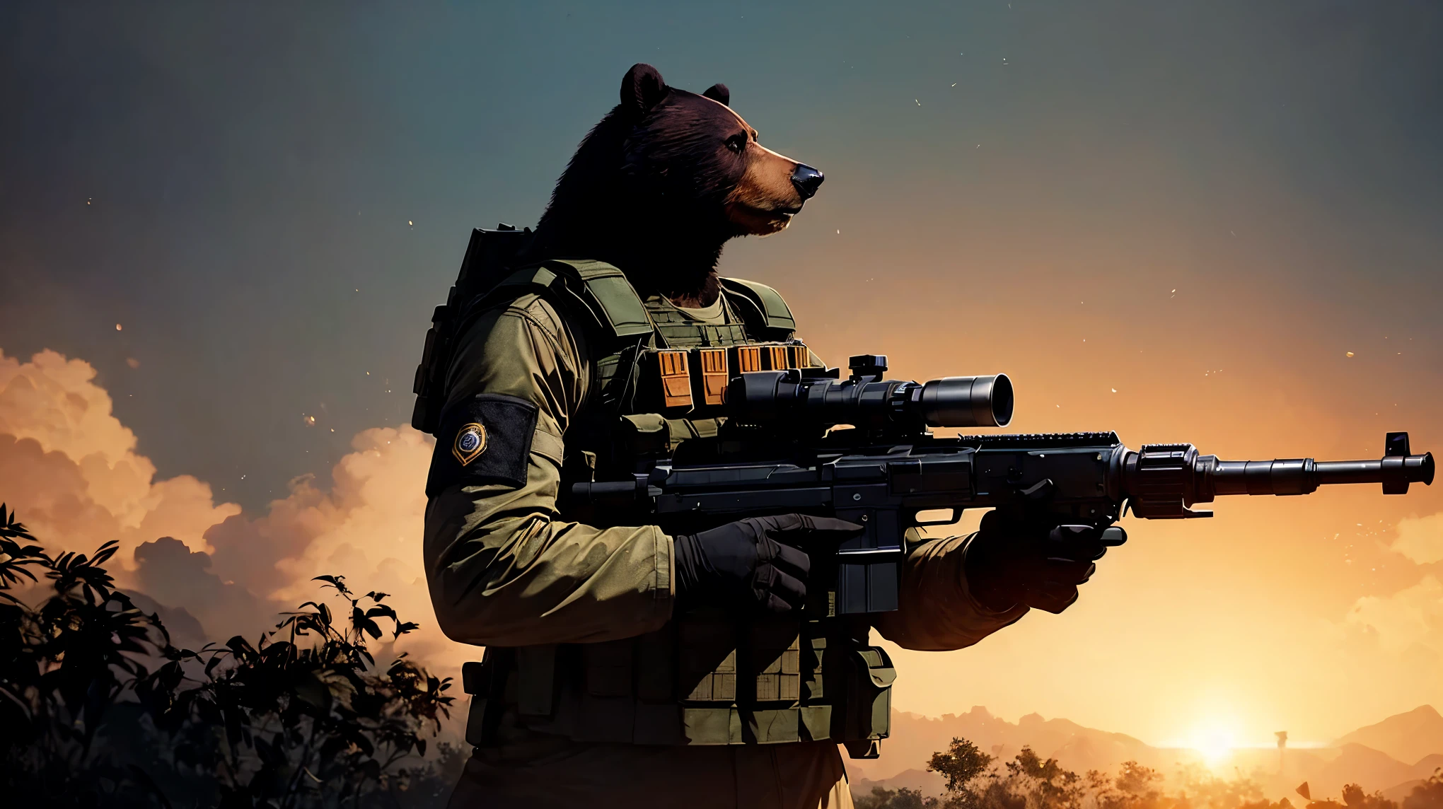 A bear, shooting, machinegun (M249), a bullet belt, (roaring fiercely:1.3), ((feral)), wearing military outfit, long sleeves, elbow pads, ballistic vest, (((tactical gloves))), tactical headset, (motion blur), urban war, ((foreground debris)), (shell casings), foreground shell casings, medium angle, illustrations, best quality, ultra-detailed, realistic:1.37, HDR, vivid colors, portraits, dark color tones, dramatic lighting.