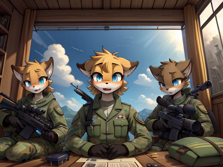 top quality, best quality, High-quality illustrations, masterpiece, super high resolution, detailed background, Military Headquarters, Maritime Self-Defense Force, rifle, sniper, battlefield, 6+boys, 6+girls, absurdres(highly detailed beautiful face and eyes)perfect anatomy, expression, good lighting, cinematic shadow(kemono, furry anthro)assorted poses, dynamic angle,
