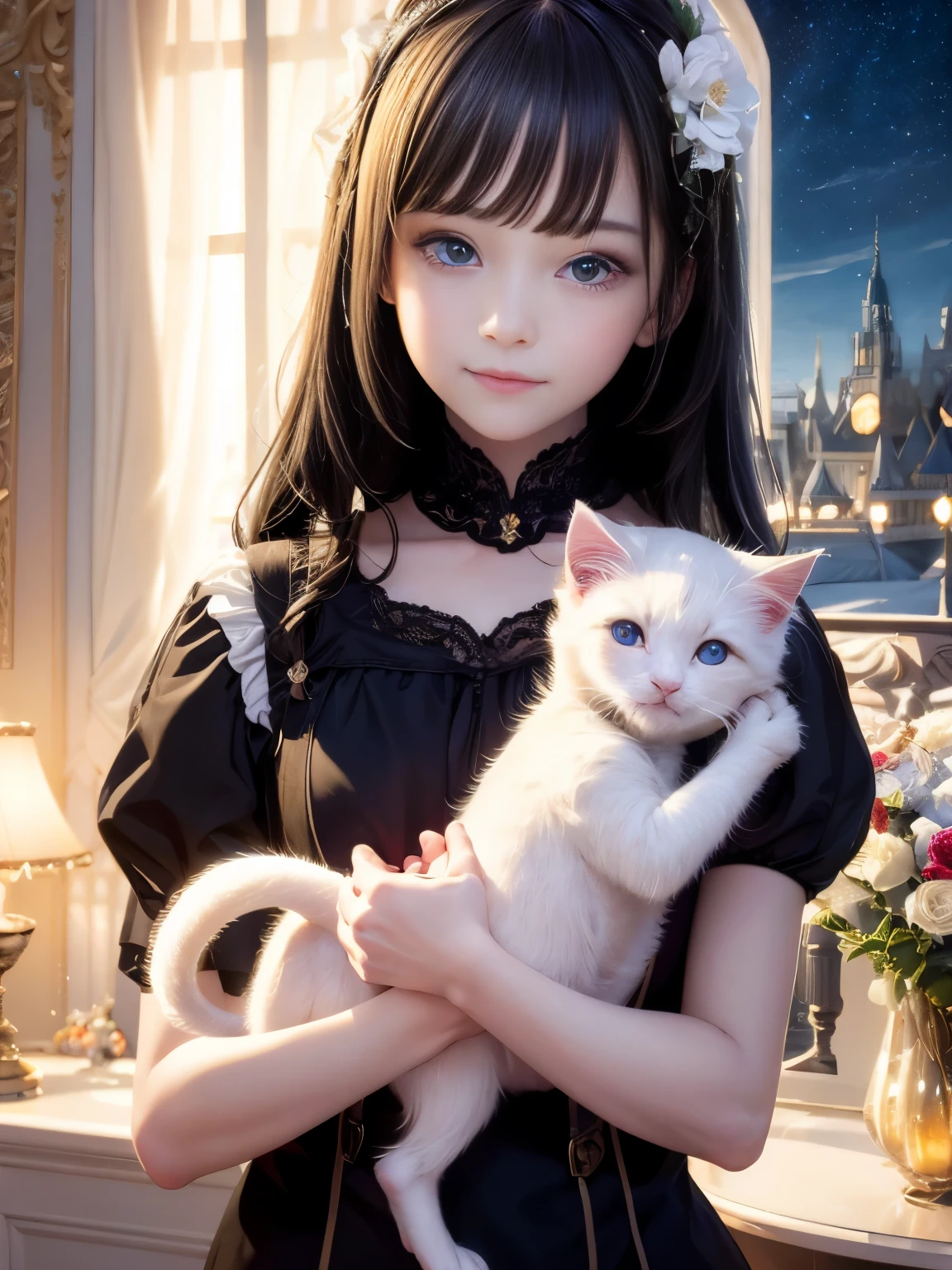 masterpiece,highest quality,Highest Resolution:1.2,dream-like,Surreal,Realistic:1.5,8K Raw Photo:1.5、Super detailed, (Human Girl),(With a fluffy, silky white kitten),The girl is with a cute kitten,Flowers、(Sleep,neverending dream), Long black hair, night, Starry Sky,wonderland.