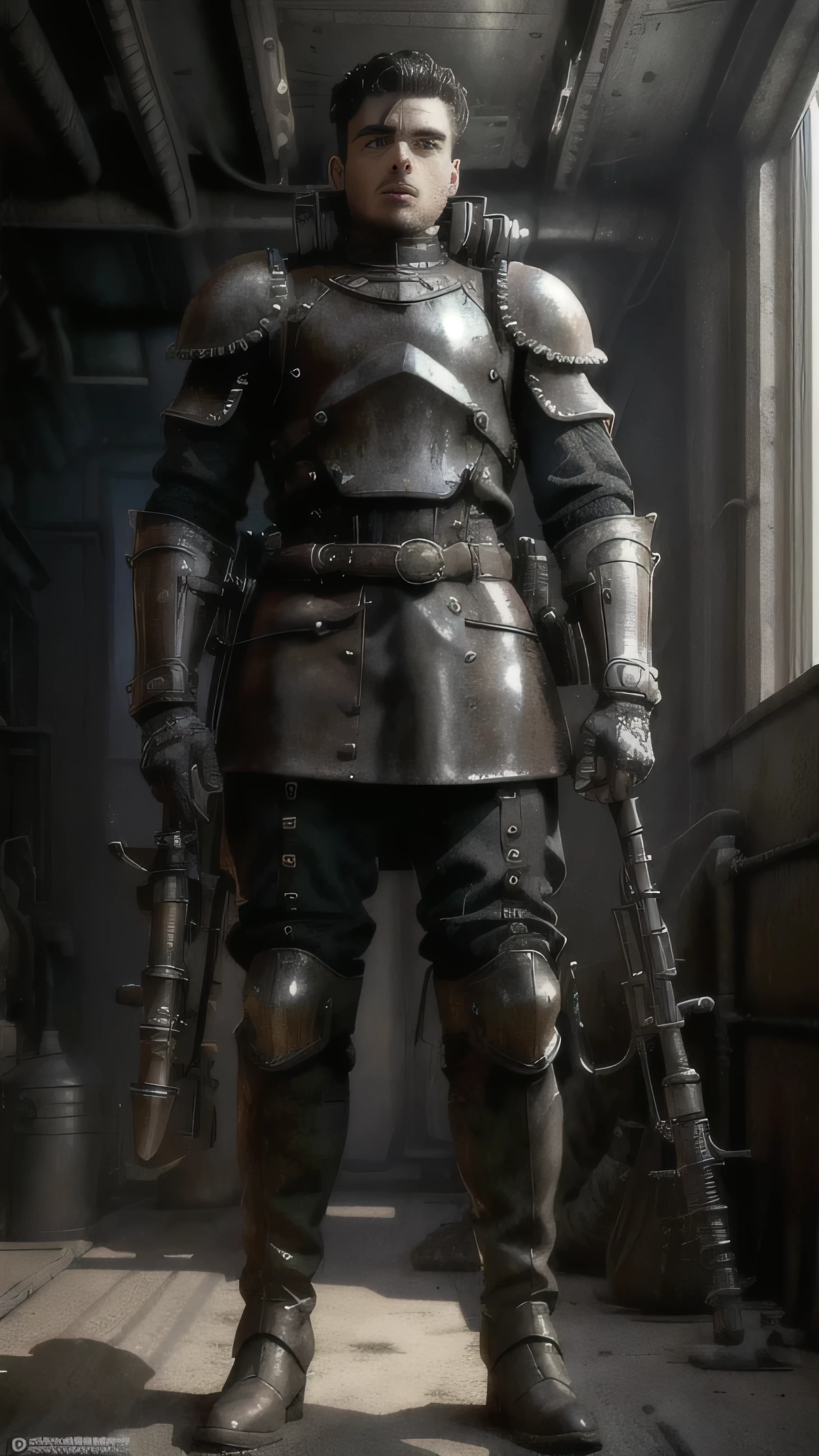 dieselpunkai, (Richard Madden) as Robb Stark, gray dieselpunk armor, dieselpunk boots, standing, in the dieselpunk desert, (1man), (solo), (full body view), beautiful detailed glow, detailed, cinematic light, intricate detail, realistic, highres, detailed facial features, high detail, sharp focus, smooth, aesthetic, extremely detailed, stamp, octane render