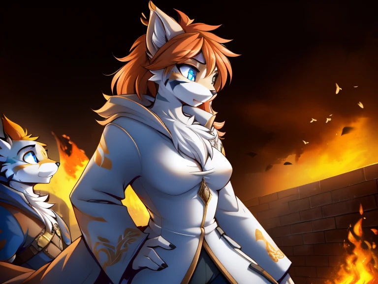 tiger, anthro, female, fur coat, (best quality), (detailed fire urban background:1.2), dramatic lighting, (detailed fluffy fur:1.1), (fantasy:1.2)