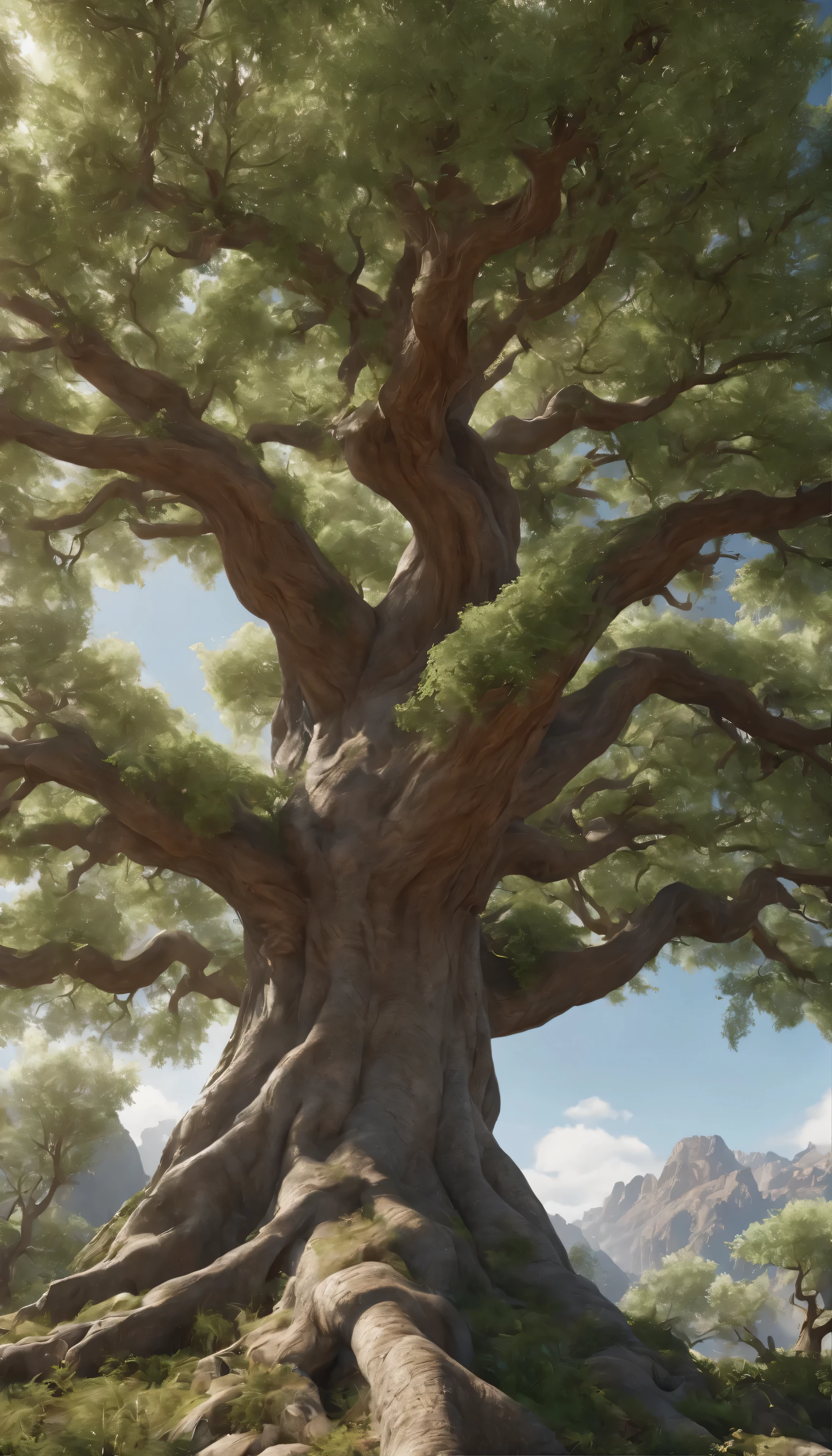 A huge and magnificent fantasy tree named Zebaoth、Towering snow-capped mountains々In、Soaring with wide-angle cinematic lens views。The tree's intricate bark and detailed leaves、Rendered with stunning realism、Smooth 8K resolution is trending on ArtStation。The bark of the tree, with its massive trunk and sprawling branches, is meticulously textured.、It boasts a level of detailed realism that brings this 3D animation to life in an amazingly immersive way.。2:Animations displayed with an aspect ratio of 1、Delivering a breathtaking, vivid and captivating experience。The world's largest tree