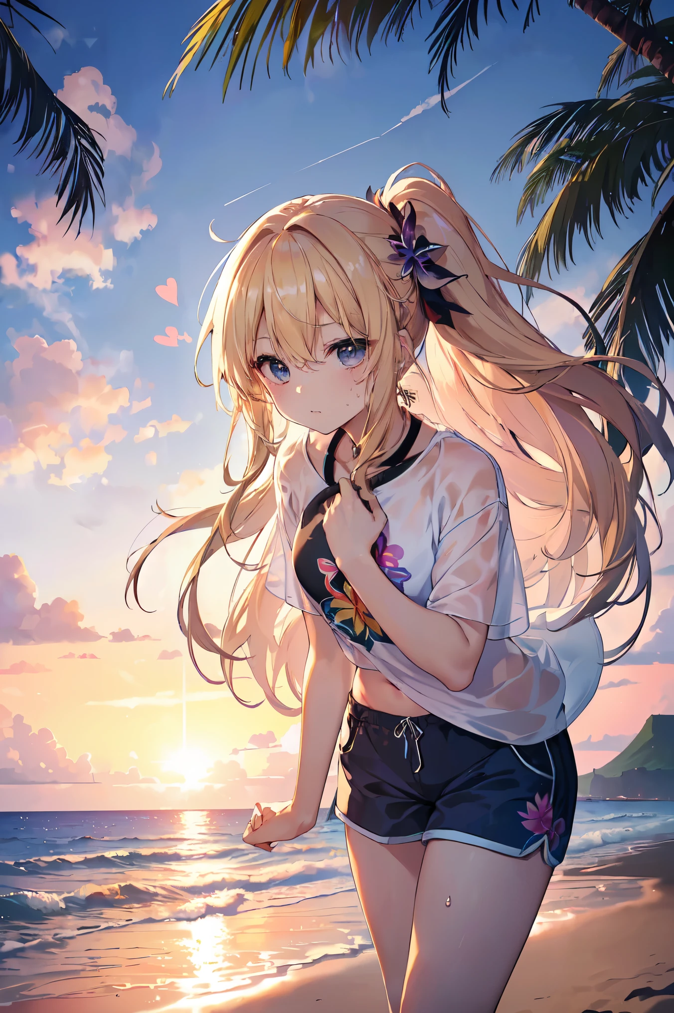 最high quality、Best image quality、masterpiece、Teenage Girl((18-year-old、 By becoming、Best Bust、Medium Bust,Tea with a wide open chest、black eye, Blonde Hair、Habitual hairstyle、Long Hair、thin,Highest valley、Blue shorts、Attractive face、Heart Tattoo、Black Aloha Shirt、Physical Education、sweating、like、Stay close to your audience、Leaning forward、Hair blowing in the wind)),high quality、Beautiful art、background((Hawaii、Waikiki、Palm tree、Beach、sunset))Flying debris、Written boundary depth、movie、Visual Arts、Perfect art、8k,Genuine