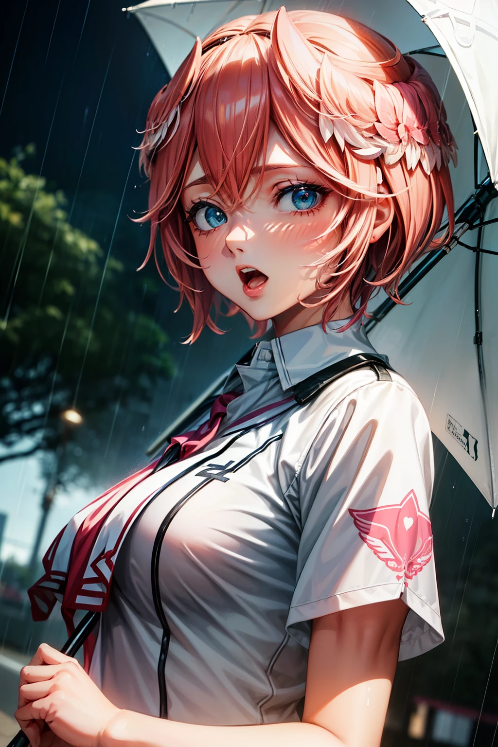 rainy weather, no umbrella, (anime, tone mapped:1.2), 1 girl, marching, pink eyes, white baseball uniform, brown hair, open mouth, green background, looking at viewer, shirt, short hair, baseball ground, upper body, (symmetric), (exceptional, best aesthetic, new, newest, extremely detailed:1.2), best quality, masterpiece, from below,