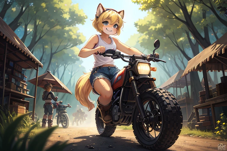 Unrealistic Perspective , dynamic angle , Composition using the rule of thirds , Bokeh , dynamic fashion model action , realistic hairy fur , round face , moist round eyes , Swollen cheeks , hair ties , Short stature , accidents , ((((masterpiece)))), expensive quality, very_expensive_solve, big_file size, Full Color, Steampunk depicting a planet of the future,, In the distant forest, A bustling foreign market, Off-road bikes. The main character is a girl with a beautiful upper body, blonde, short bob, silver, smiling, Mechanized weapons. Wearing a white tank top, Distressed denim shorts, Engineer boot, Off-road bikesに乗る. beauty,