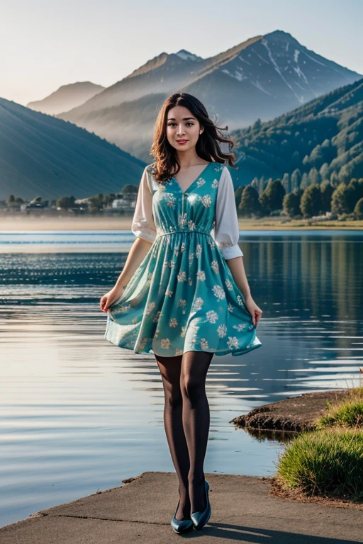 1 woman, detailed, realistic, standing, full body shot, Dawn, misty lakeside with a backdrop of mountains bathed in soft light. green flower print frock,black_pantyhose, tutututu,