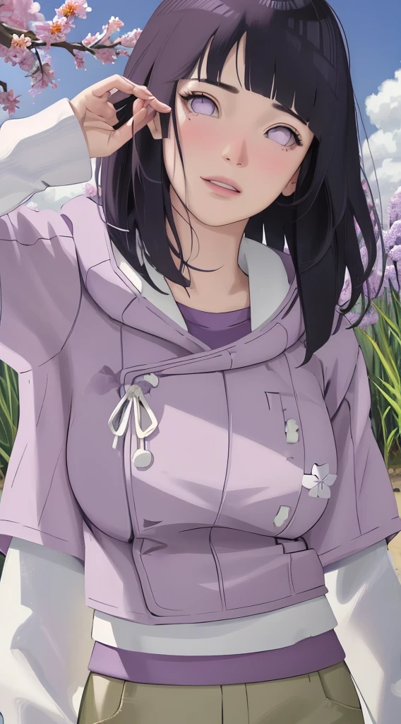masterpiece, absurdres, hinata\(boruto\), 1girl, solo,mature female, purple hoodie,layered sleeves, brown pants, outdoors,lavender flower field, looking at viewer, (falling petals), cloudy sky, perfect composition, detailed lips, big breast, beautiful face, body propotion, blush, (pink lips), long hair, purple eyes, soft gaze, sad smile, super realistic, detailed, photoshoot, realistic face and body, realistic hair, realistic eyes, realistic nose, realistic lips