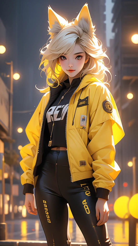 1girl, 20 years old, seductive expression, look at viewer, jacket cyberpunk style, jacket, photo, animal ears, wolf, colorful, realistic, best quality, yellow hair, black, and yellow, hires, detailed face, diffused lighting, glasse, depth of field, bokeh, pose model, smile, standing, shoes, white background. 