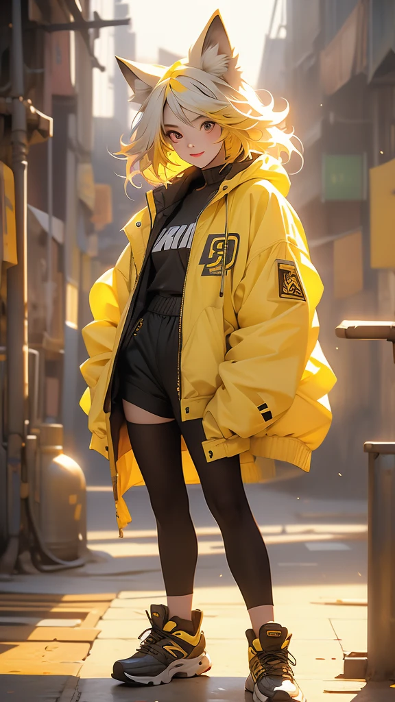 1girl, 20 years old, seductive expression, look at viewer, jacket cyberpunk style, jacket, photo, animal ears, wolf, colorful, realistic, best quality, yellow hair, black, and yellow, hires, detailed face, diffused lighting, glasse, depth of field, bokeh, pose model, smile, standing, shoes, white background.