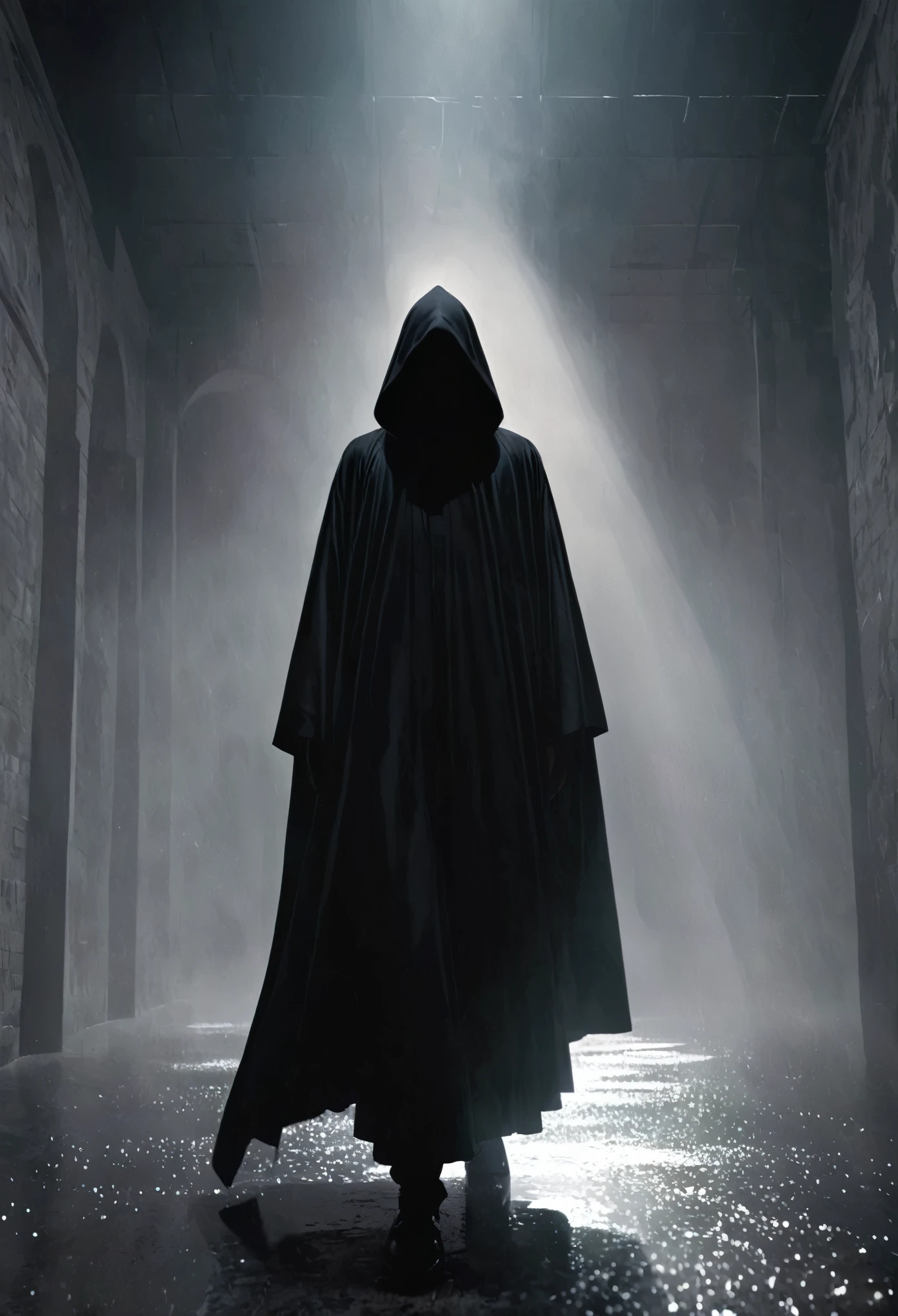 (best quality,ultra-detailed,photorealistic:1.37),minimalist,black death,grim reaper,dark silhouette,ethereal presence,subtle texture,striking contrast,mysterious aura,fine lines,monochromatic color palette,dramatic lighting,perfect composition,focused gaze